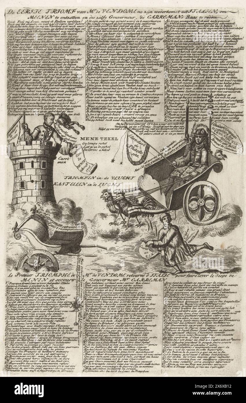 Cartoon über den Verlust Menins und die Ankunft des Herzogs von Vendôme aus Italien, 1706, der erste Triumph von Herrn de Vendome nach seiner Rückkehr aus Italien, um Meenen zu entlasten und sogar den Gouverneur, den Boss von Carremans, zu retten, Le Premier Triomphe de Mr. Der Vendome kehrt d'Italie zurück (...) (Titel zum Objekt), Royal Almanach von 1706, 't Lusthof van Momus (Titel der Serie), Cartoon über den Verlust Menins und die Ankunft des Herzogs von Vendôme von Italien nach Brabant, 1706. Carremans, der Kommandeur in Menen, steht auf einem Turm und beklagt die Kapitulation der Stadt am 22. August 1706. Vendôme in einem von gezogenen Wagen Stockfoto