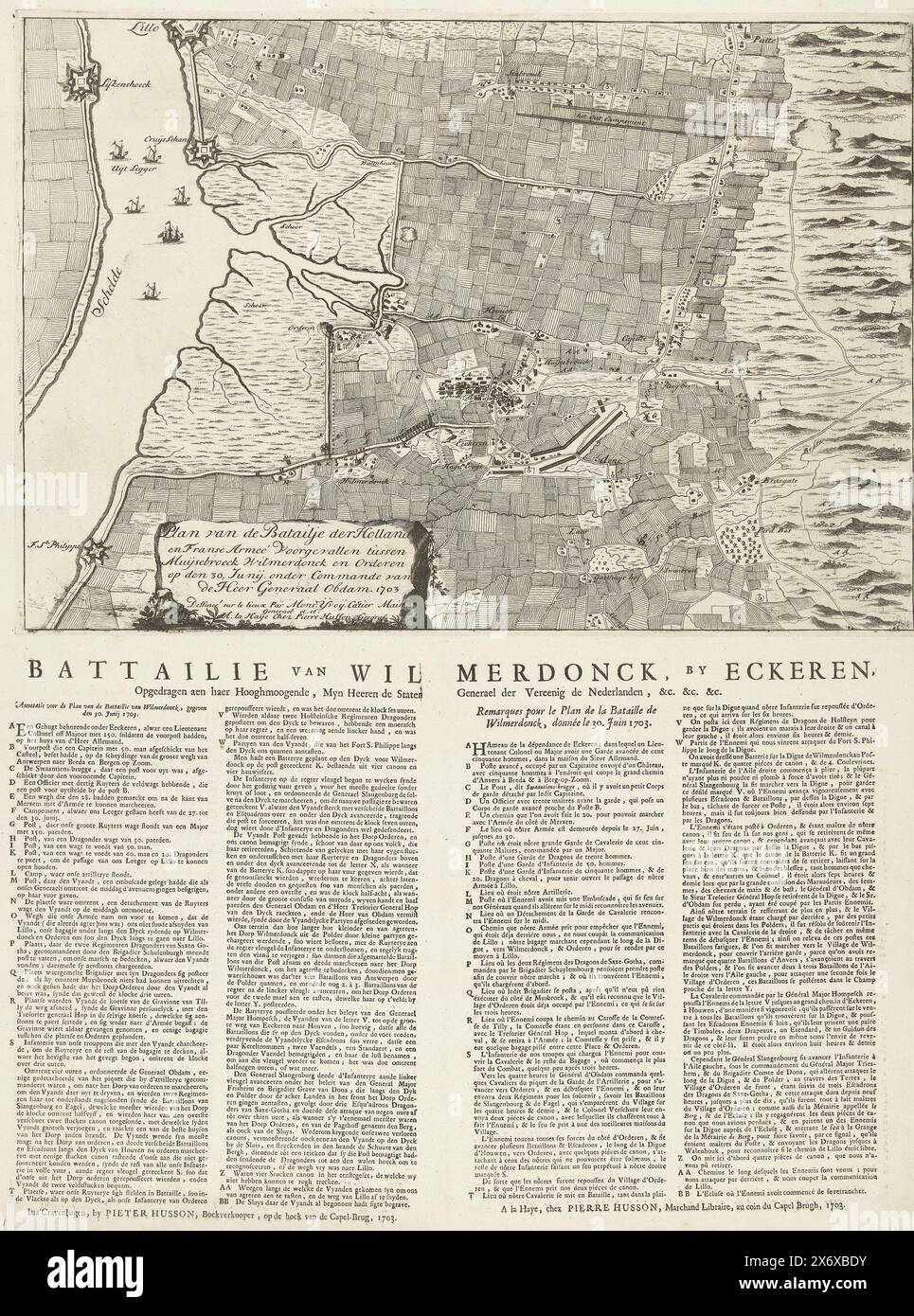 Karte der Schlacht bei Ekeren, 1703, Plan des Bataillons von Holland und French Armée Vorkommnisse zwischen Muysebroeck Wilmerdonck und Orderen am 30. Juni unter dem Kommando von General Obdam. 1703, Battaille van Wilmerdonck, von Eckeren, Karte der Schlacht bei Ekeren an der Schelde zwischen den niederländischen Truppen unter Jakob II. Von Wassenaer Obdam und den Franzosen, 30. Juni 1703. Unter dem Druck ein Textblatt mit Legende und Beschreibung des Kampfverlaufs in 4 Spalten in Niederländisch und Französisch., Druck, Druckerei: Anonym, Frederik Thomas van Stockfoto