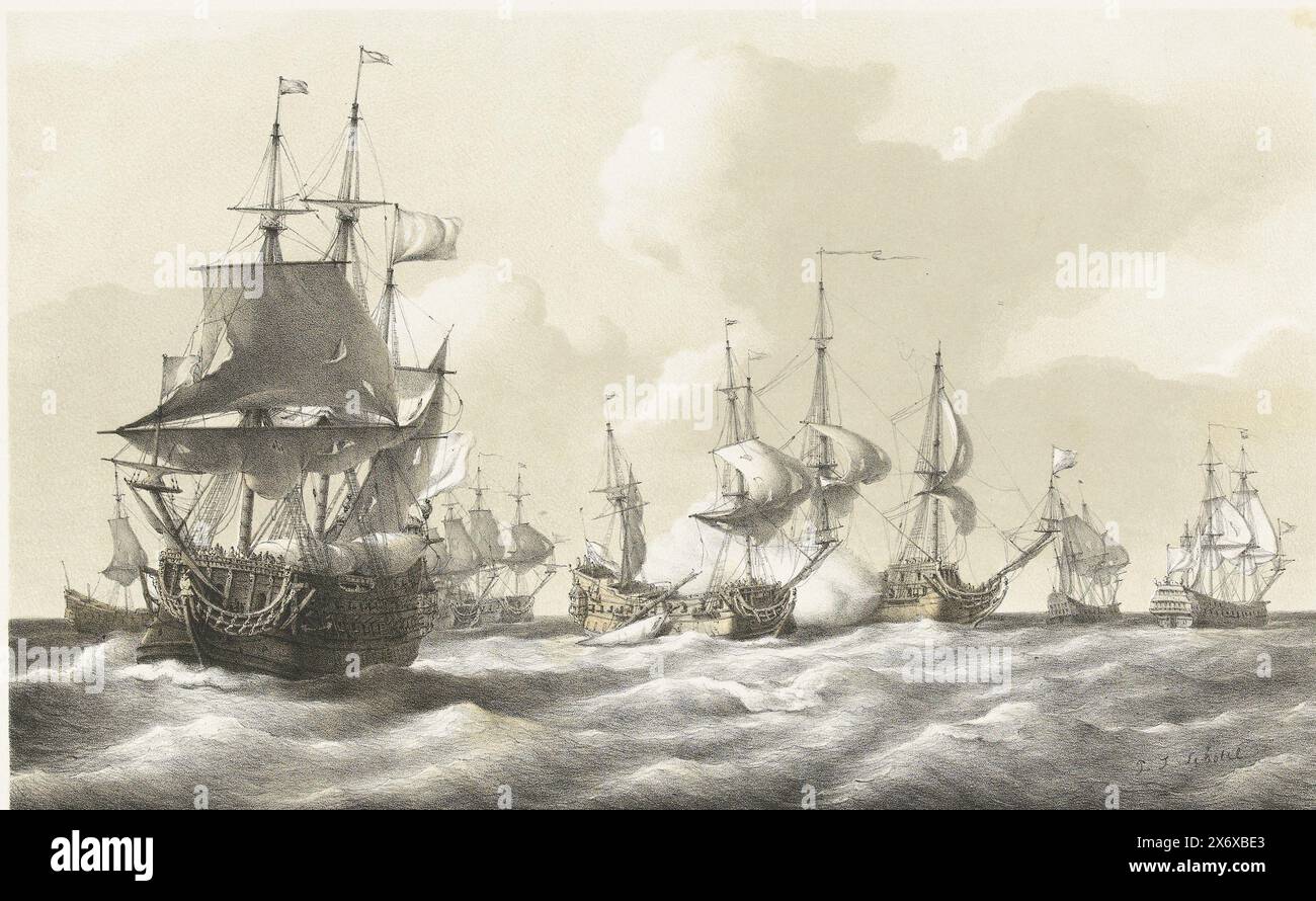 Seeschlacht zwischen einigen niederländischen und französischen Schiffen, 1703, Seeschlacht zwischen einigen niederländischen und französischen Kriegsschiffen. Am 22. Mai 1703 wurde die Marineministe entre quelques vaisseaux Neerlandais et Francais bekämpft. 22. Mai 1703 (Titel auf Objekt), Seeschlacht zwischen einigen niederländischen und französischen Schiffen am 22. Mai 1703. Laut Muller handelt es sich um eine „ehrenvolle, aber unglückliche Schlacht zwischen einem Konvoi von 5 kleinen Kriegsschiffen unter Roemer Vlacq, um 100 Handelsschiffe mit 5 schweren französischen Kriegsschiffen bei St. UBEs in Portugal abzudecken.“, Druck, Druckerei: Petrus Johannes Schotel, (auf dem Objekt erwähnt), nach Zeichnung von Petrus Johannes Stockfoto