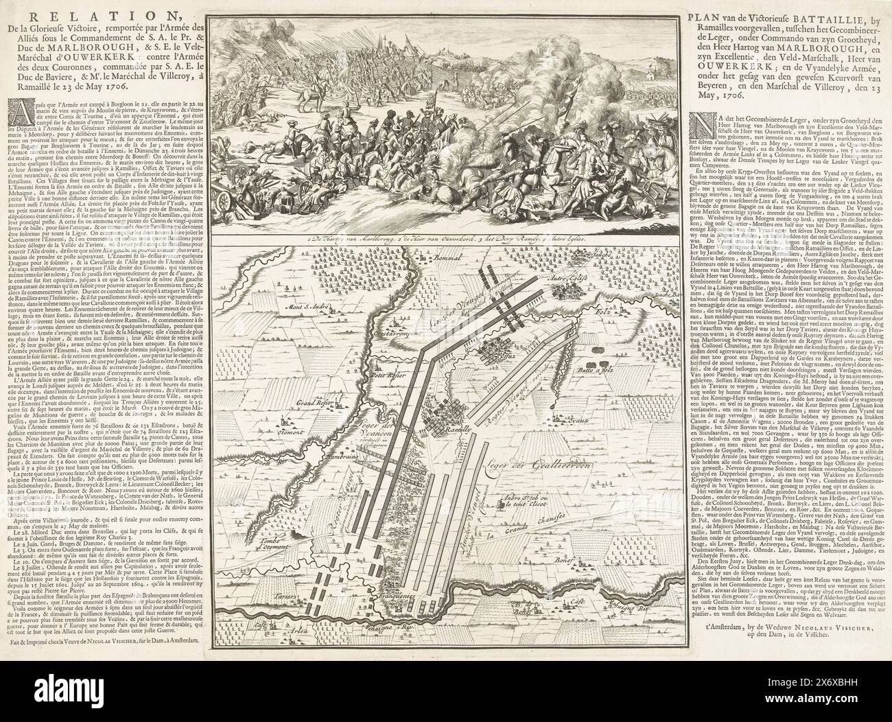 Battle of Ramillies, 1706, Relation, de la Glorieuse Victoire, remportée par l'Armée des Alliés under le Commandement de S.A. le PR. & Duc de Marlborough, & S.E. le Velt-Maréchal d' Ouwerkerk: contre l'Armée des deux Couronnes, Commandée par S.A.E. le Duc de Baviere, & Mr. le Maréchal de Villeroy, à Ramaillé le 23 de Mai 1706 (Titel zum Gegenstand), Plan der siegreichen Schlacht, die Schlacht von Ramillies zwischen den Alliierten unter dem Herzog von Marlborough und dem Herrn von Ouwerkerk und den Franzosen und Spaniern unter dem Kurfürsten von Bayern und dem Stockfoto