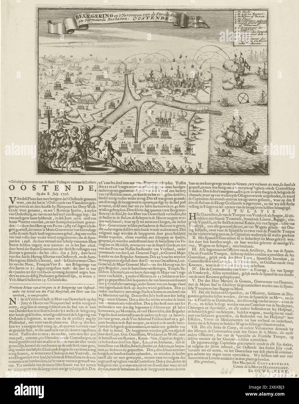 Belagerung von Ostende, 1706, Belagerung und Eroberung der Stercke Stadt und des berühmten Seehafens Ostende. Den 8. Juli 1706 (Titel zum Objekt), Eroberung Ostends durch die Franzosen durch die Alliierten unter dem Herrn von Ouwerkerk nach Belagerung und Bombardierung, 6. Juli 1706. Gedruckt auf der Seite unter dem Schild ein Text in 3 Spalten in Niederländisch., Druck, Druckerei: Anonym, Nordholland, 1706, Papier, Ätzen, Gravieren, Buchdruck, Höhe, 403 mm x Breite, 321 mm Stockfoto