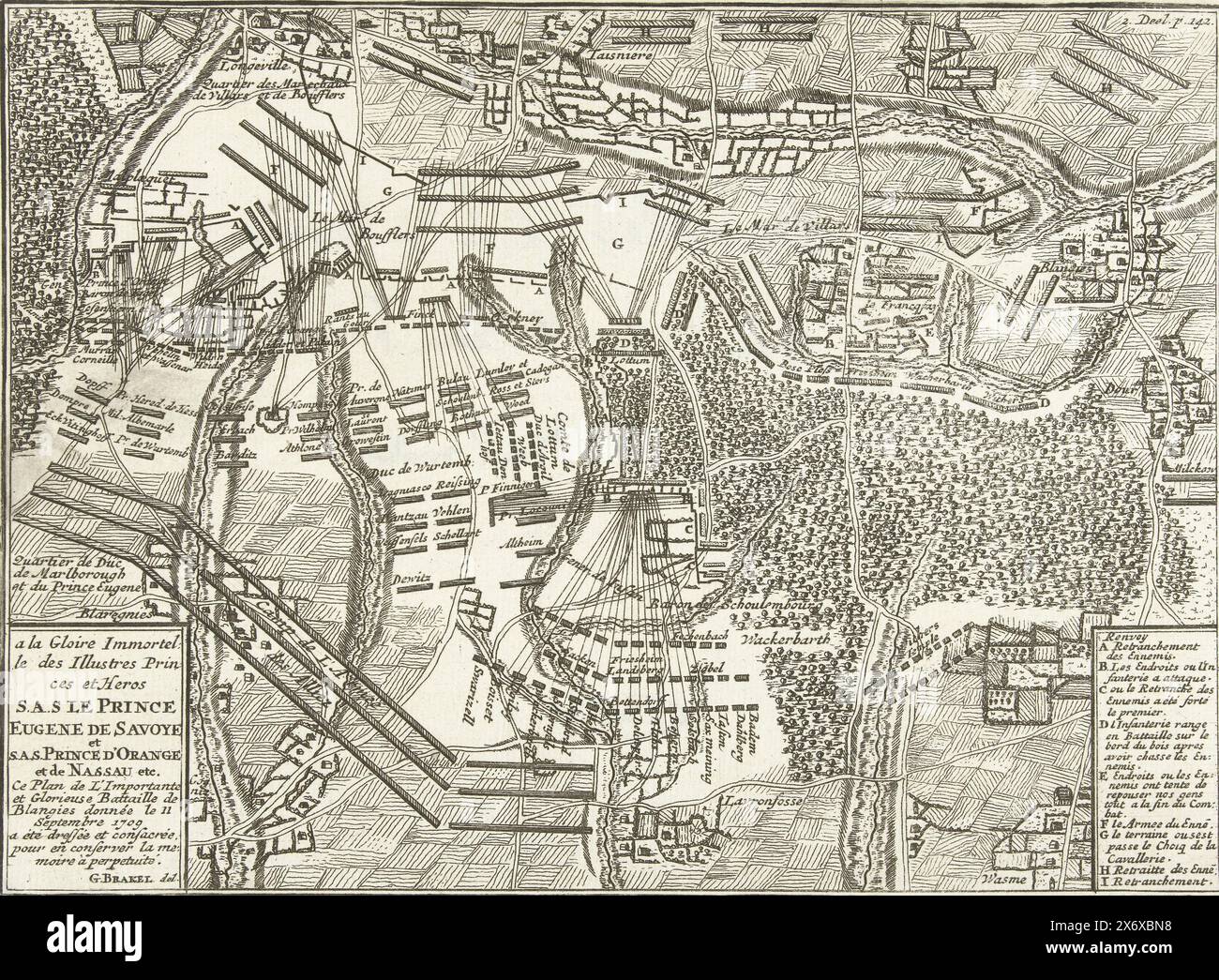 Schlacht von Malplaquet, 1709, Karte der Schlacht von Malplaquet, wo die Franzosen von den Alliierten besiegt wurden, 11. September 1709. Illustration in der niederländischen Übersetzung von 1716 von J. Lamigue, Het leven van Zyne Hoogheit Johan Willem Friso, Vol. II, S. 142/143., Druck, Druckerei: Matthijs Pool, (evtl.), nach Zeichnung von: Gillius Brakel, (auf dem Gegenstand erwähnt), Verlag: Johannes van Oosterwyk, Druckerei: Nordholland, Verlag: Amsterdam, 1714 - 1716, Papier, Ätzen, Höhe, 148 mm x Breite, 205 mm Stockfoto