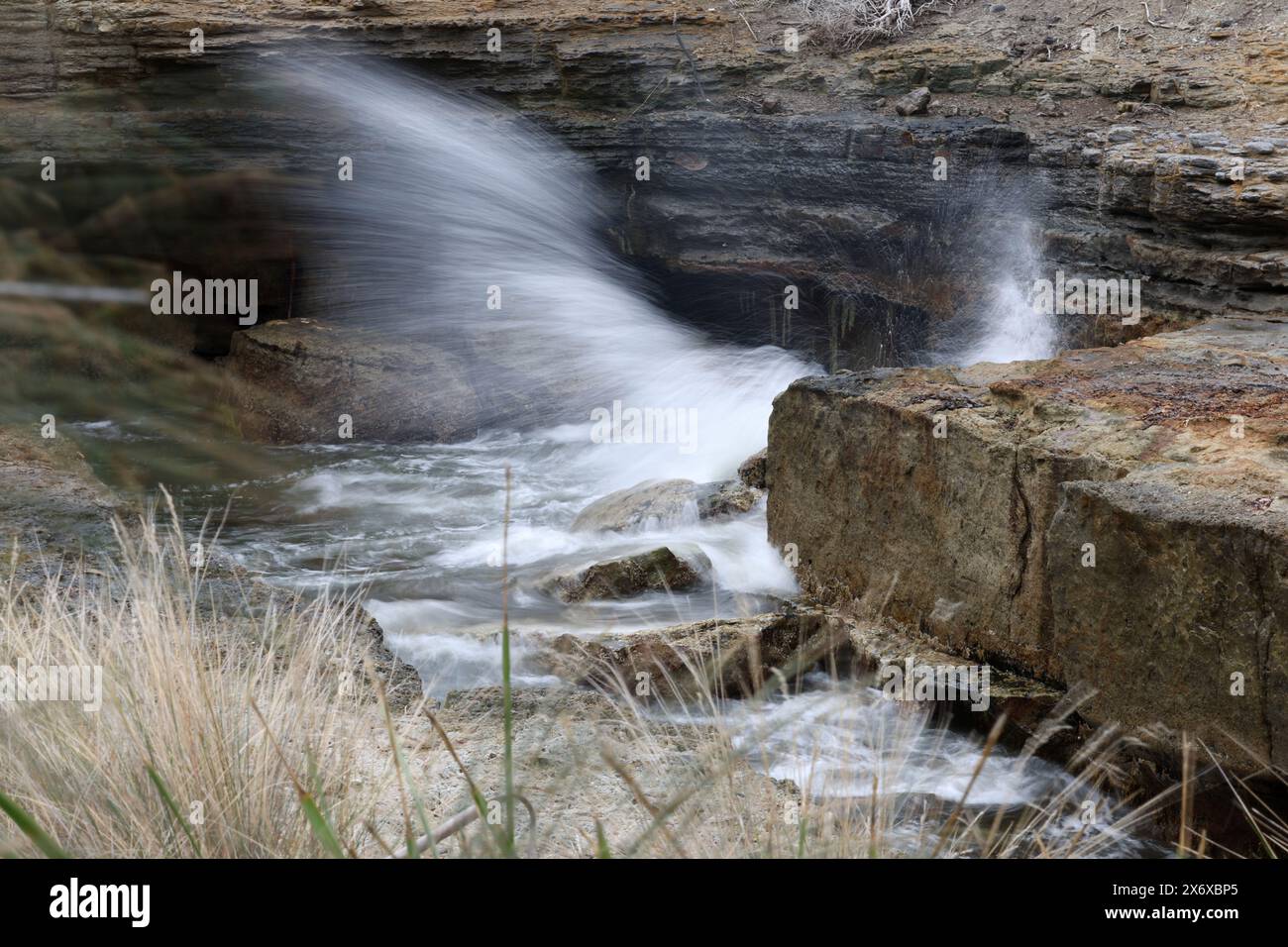 Das Blowhole am Eaglehawk Neck auf der Tasman Peninsula in Tasmanien, Australien. Ein langsamer Verschluss zeigt Wasserstrahl, Gräser und die Meereshöhle f Stockfoto