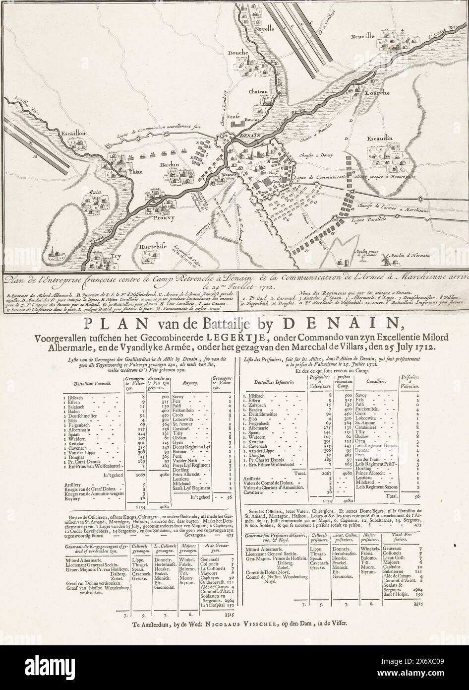 Karte der Schlacht von Denain, 1712, Plan der Schlacht von Denain, Ereignisse zwischen der kombinierten Armee unter dem Kommando seiner Exzellenz Milord Albermarle und der Armee unter der Autorität des Marechal de Villars, 25. Juli 1712 (Titel auf Objekt), Plan de l’Entreprise francoise contre le Camp Retrenche à Denain (...) le 24me Juillet 1712 (Titel auf Objekt), Karte mit den Positionen der Alliierten und der Franzosen während einer Schlacht am 25. Juli 1712 bei Denain. Unter dem Schild mit der Karte ist eine Liste der Gefangenen Alliierten in Niederländisch und Französisch., Druck, Druckerei: Anonym, Verleger Stockfoto