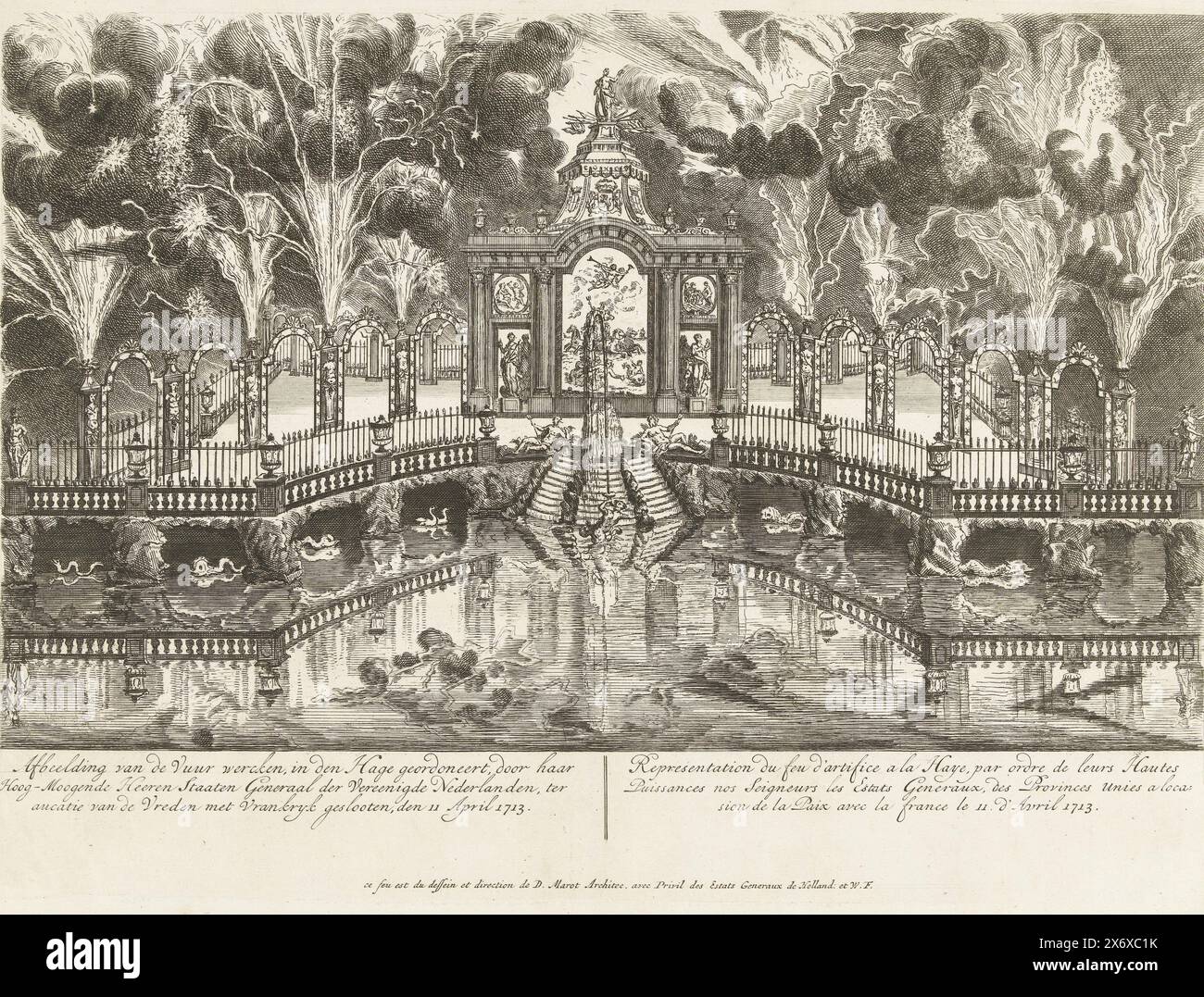 Feuerwerk bei der Feier des Friedens von Utrecht, 1713, Image of the Fireworks, geweiht in den Haag, von seinen hochmächtigen Generälen der Vereinigten Niederlande, beendet mit der Feier des Friedens von Frankreich am 11. April 1713. Utrecht, Representation du feu d’artifice fait a la Haye (...) (Titel zum Objekt), Stellat mit Feuerwerk des Generalstaatsanwalts auf dem Hofvijver in den Haag während der Friedensfeier von Utrecht, 14. Juni 1713. In der Bildunterschrift sind nur die Titel (und nicht die Legenden des Feuerwerks) in Niederländisch und Französisch., Print, Print Maker: Anonym Stockfoto