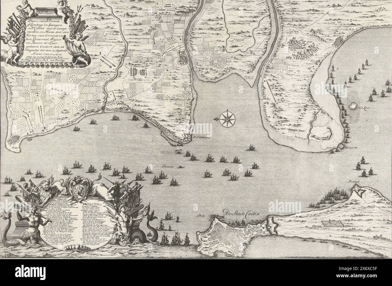 Karte der Landung und Expedition der Alliierten bei Cadiz, 1702, Plan der Dissante oder Landung in Spangien für Cadix mit den Campements und Marse, erstellt vom Herzog von Ormont und dem Generalmajor und Baron de Spar Cedert vom 26. August bis 27. September. Anno 1702 (Titel über Objekt), Karte der Landung und Expedition der Alliierten bei Cadiz, 26. August 1702. Oben links die Kartusche mit dem Titel verziert mit Cherubs und Waffen. Unten links eine Kartusche mit der Erklärung der Buchstaben A-Q, verziert mit Meeresbewohnern, dem niederländischen Löwen und dem britischen Einhorn und dem Wappen Stockfoto