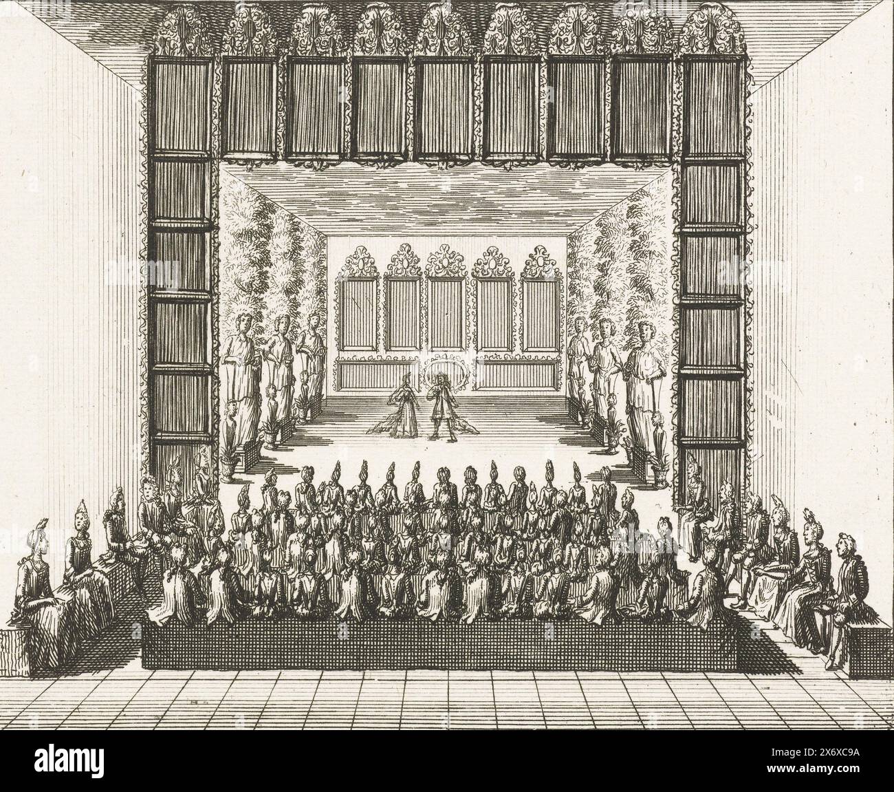 Theatervorstellung, 1714, Theatervorstellung, 1714. Teil einer Gruppe von zwölf Illustrationen der Feierlichkeiten, die 1714 in Utrecht vom portugiesischen Grafen Joao Gomes da Silva conde de Tarouca zu Ehren der Geburt zweier portugiesischer Prinzen von König Johann V. organisiert wurden, Druck, Druckerei: Anonym, Nordholland, 1714, Papier, Ätzen, Höhe, 117 mm x Breite, 141 mm Stockfoto