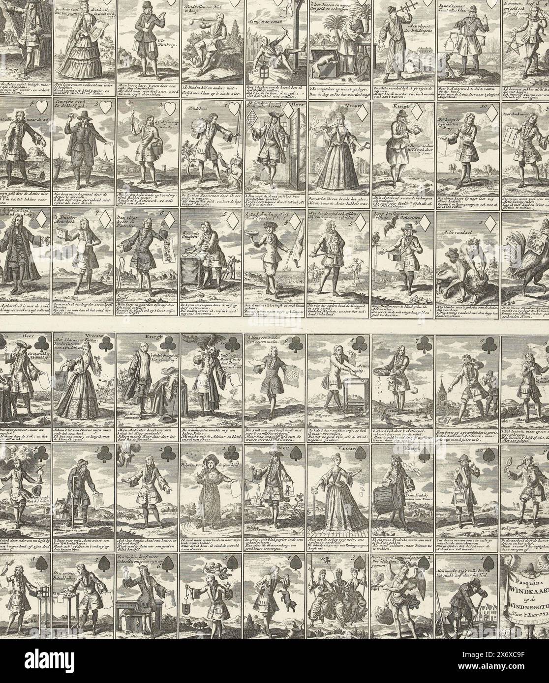 Pasquins Windkarte von 1720, Pasquins Windkarte von 't Iaar 1720 (Titel über Objekt), Het Groote Tafereel der Dwaasheid (Serientitel), Pasquins Windkarte von 1720. Blatt mit einem kompletten Deck von 52 Spielkarten, jede Karte mit einer Szene und einem Vers, die sich auf den Windhandel beziehen. Von Muller als späterer Druck von 65 in der Serie Tafereel der Dwaasheid mit Cartoons über den Windhandel oder Actiehandel von 1720 beschrieben, handelt es sich jedoch um eine späte Kopie, die nie in das Tafereel aufgenommen wurde Stockfoto