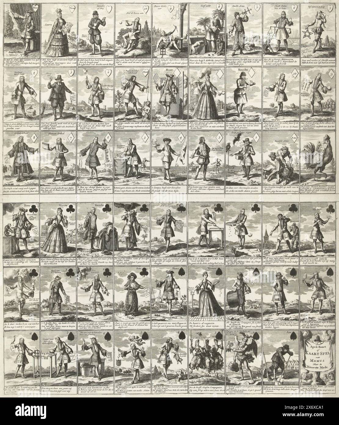 April Karten- oder Kartenspiel von Momus, 1720, April Karten- oder Kartenspiel von Momus naar de Nieuwste Fashion (Titel auf Objekt), Het Groote Tafereel der Torheit (Serientitel), April Karten- oder Kartenspiel von Momus. Blatt mit einem kompletten Deck von 52 Spielkarten, jede Karte mit einer Szene und einem Vers, die sich auf den Windhandel von 1720 beziehen. Print 65 in der Serie Het Groote Tafereel der Dwaasheid mit Cartoons über den Windhandel oder Actiehandel von 1720. Dem Blatt liegt ein gedruckter Auszug bei. Der Aufführungen., Druck, Druckerei: Anonym, Nordholland, 1720, Papier, Ätzen, Höhe, 528 mm x Breite, 450 Stockfoto