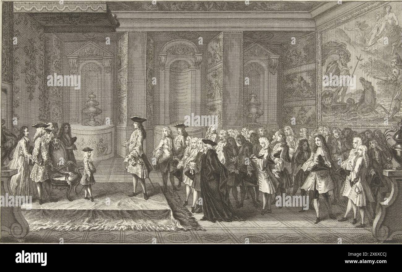 Audienz von Cornelis Hop mit dem jungen König Ludwig XV, 1719, Audienz des Botschafters der Staaten General Cornelis Hop mit dem jungen König Louis, Druck, Druckerei: Simon Fokke, nach Malerei von: Louis-Michel Dumesnil, Nordholland, 1747 - 1759, Papier, Radierung, Höhe, 184 mm x Breite, 283 mm Stockfoto