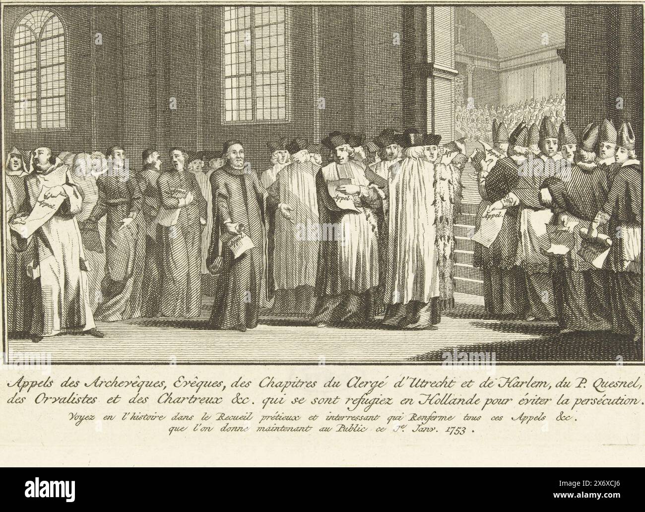 Der Appell der Jansenisten, ca. 1723, Appels des Archevêques, Evêques, des Chapitres du Clergé d'Utrecht et de Harlem, du P. Quesnel des Orvalistes et des Chartreux &c. Qui se sont Refugee en Hollande pour éviter la persécution (Titel zum Objekt), der Appell der Jansenisten und aller anderen katholischen Flüchtlingskriege im Exil während eines kirchlichen Treffens der katholischen Geistlichen von Utrecht und Haarlem, nach den Veröffentlichungen von Pasquier Quesnel, ca. 1723., Print, Printmaker: Anonym, Niederlande, 1753 - 1799, Papier, Ätzen, Höhe, 139 mm x Breite, 188 mm Stockfoto