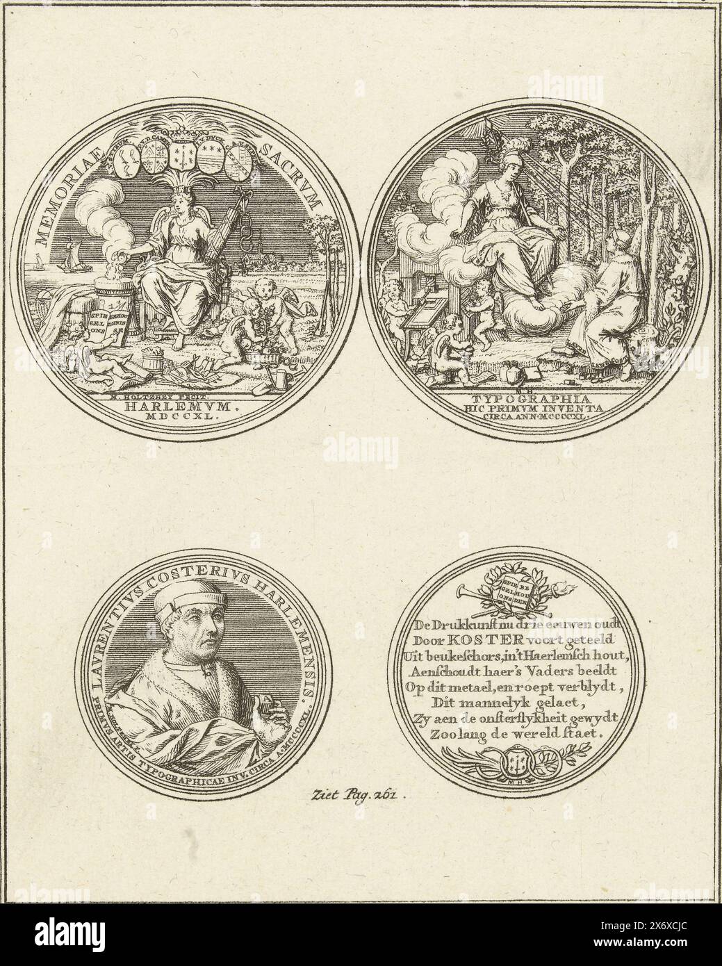 Medaille zum 3. Jahrhundert der Erfindung der Druckpresse durch Laurens Jansz. Coster, 1740, zwei Pfennig, geprägt 1740, zum 3. Jahrhundert der Erfindung der Druckmaschine durch Laurens Jansz. Coster. Oben markiert: 258; unten: Siehe Seite 261., Druck, Druckerei: Anonym, nach Entwurf: Martin Holtzhey, (auf dem Objekt erwähnt), Nordholland, 1740 - 1799, Papier, Ätzen, Höhe, 171 mm x Breite, 139 mm Stockfoto