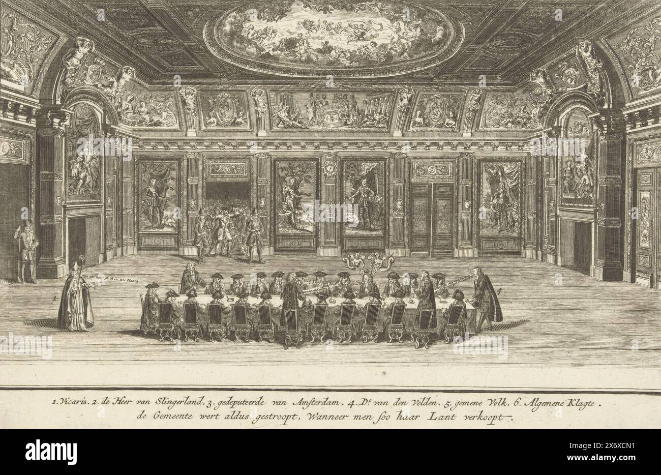 Konsultation der Generalstaaten zur Ernennung eines römischen Vikars in den Niederlanden, 1732, Saal der Generalstaaten (Titel zum Gegenstand), Konsultation der Generalstaaten im Trêves-Saal zur Ernennung eines römischen Vikars in den Niederlanden, April 30 1732. Darstellung mit allegorischen Elementen. Im Untertitel die Erläuterung der Zahlen 1-6., Print, Print Maker: Anonymous, Northern Netherlands, 1732, Papier, Ätzen, Gravieren, Höhe, 190 mm x Breite, 295 mm Stockfoto