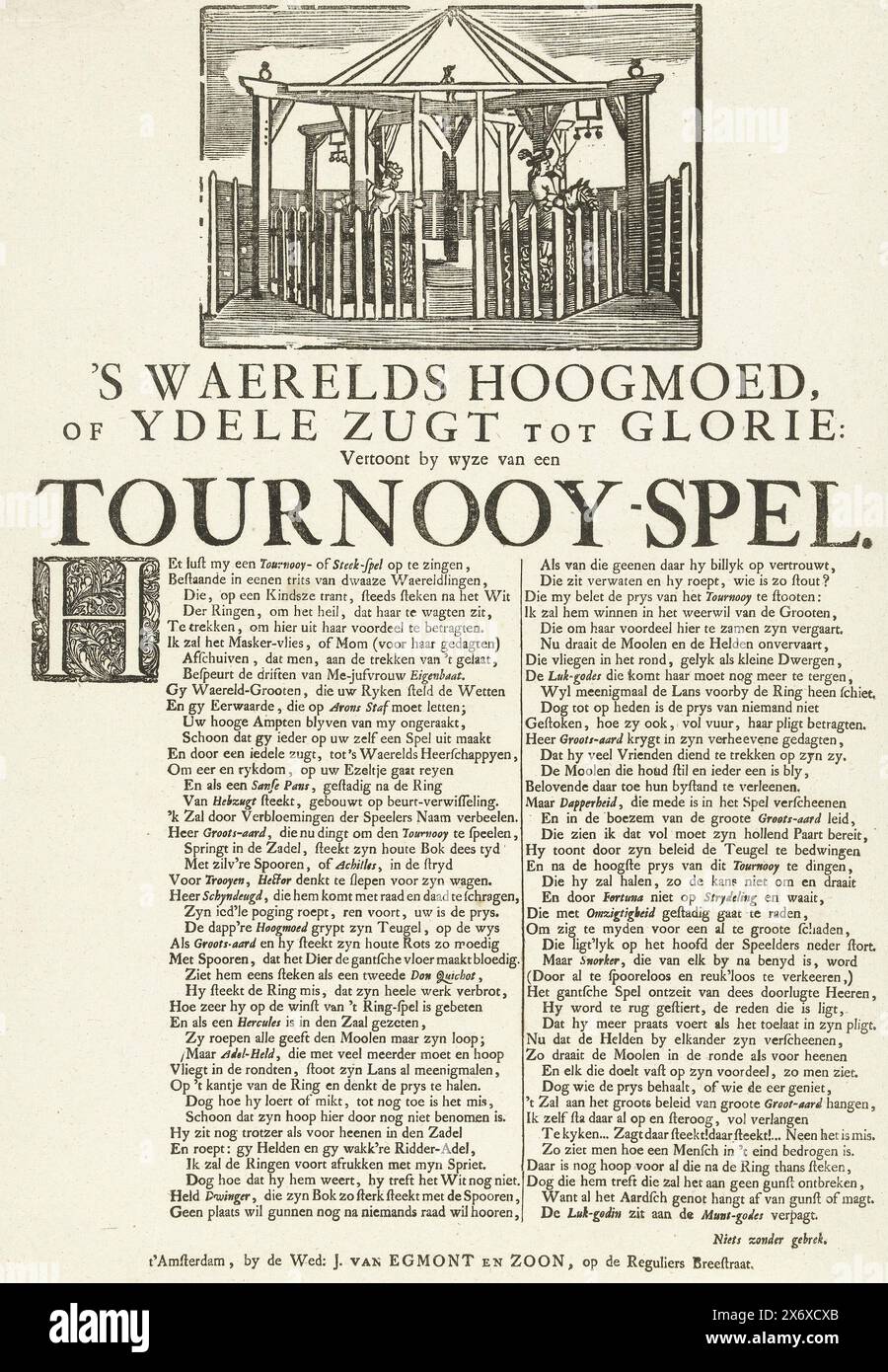 Der Kampf um die kaiserliche Krone, 1742, Waerelds Hoogmoed oder Ydele Zugt tot Glorie: als Tournooy-Spiel (Titel auf dem Objekt) wird die ursprüngliche Darstellung einer Schauplatz-Attraktion aus dem 17. Jahrhundert in Form einer Art Karussell dargestellt, bei dem zwei Männer auf Pferden versuchen, einen Ring einzufügen. Hier als politische Allegorie der Reichswahl auf dem Reichstag in Frankfurt im Januar 1742 verwendet. Auf der Seite unter der Szene eine Erklärung in einem Vers in 2 Spalten., Druck, Druckerei: Anonym, Verlag: weduwe Jacobus van Egmont en Zoon, (auf dem Objekt erwähnt), Druck Stockfoto
