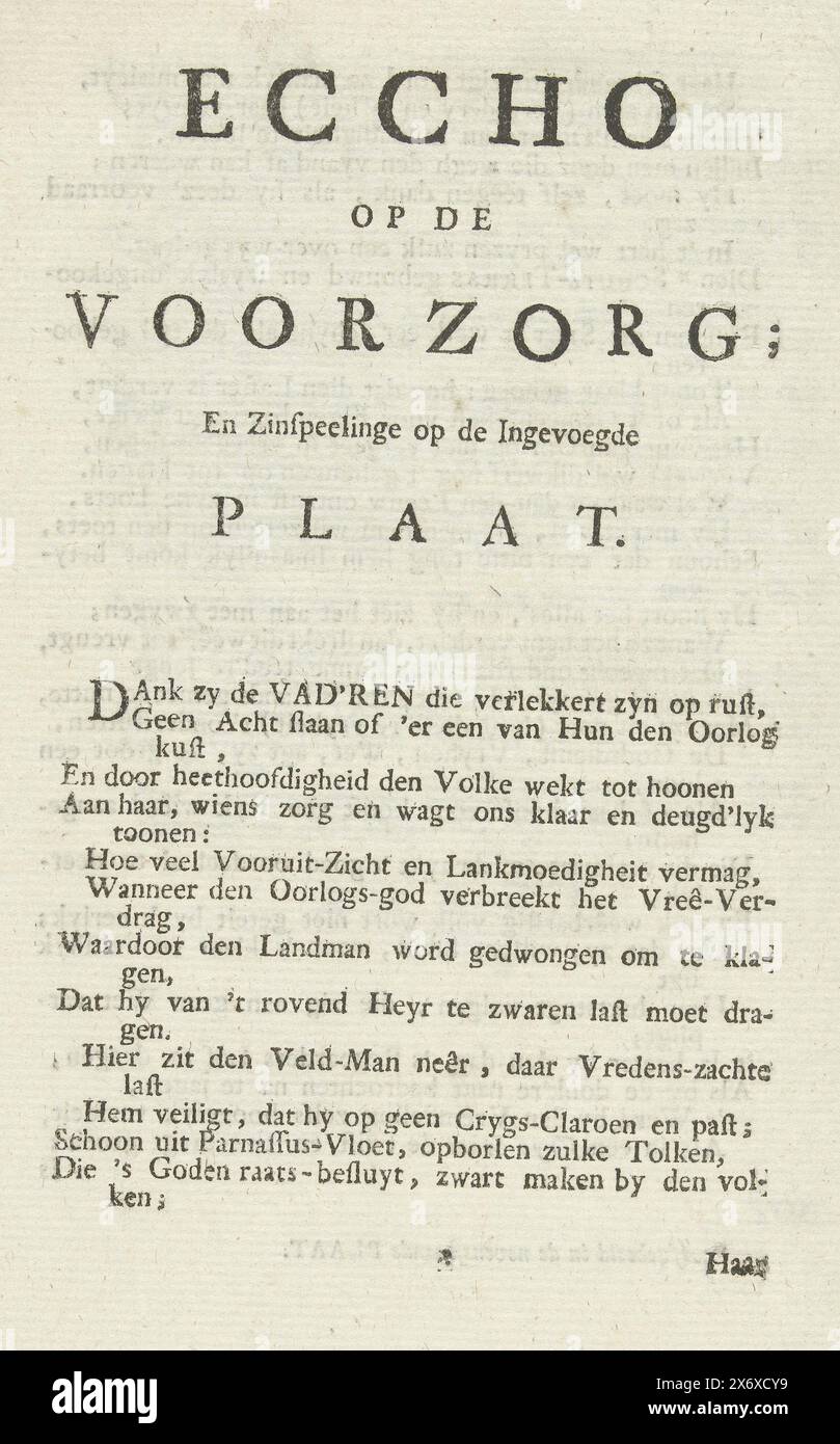 Echo des Druckes mit der Allegorie der Tugend Österreichs, 1742, Eccho über die Vorsehung; und Zinspeelinge op de Inzochte Plaat, Echo, die zu einer losen Ausgabe des Druckes mit der Allegorie über die Tugend Österreichs im Österreichischen Erbfolgekrieg 1742 gehört. Vierseitig bedruckte Doppelseite mit Erläuterung der Allegorie in Vers, Textblatt, anonym, Nordholland, 1742, Papier, Buchdruck, Höhe, 220 mm x Breite, 145 mm Stockfoto