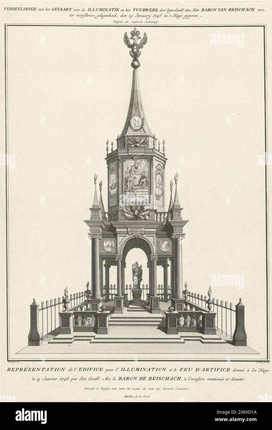 Gebäude für das Feuerwerk auf dem Hofvijver zu Ehren der Krönung von Kaiser Franz I. Stefan, 1746, Darstellung der Gefahr für die Illuminaten und des Feuerwerks durch seine Exzellenz: der Herr Baron von Reischach etc. zum vorgeschriebenen Anlass, 19. Januar 1746 in Gib in den Haag, Représentation de l'edifice pour l'Illumination et le feu d'artifice donnés à La Haye am 19. Januar 1746 von Son excel: mr. le Baron de Reischach, à l'event mentionée ci-devant (Titel über Objekt), Beschreibung der wichtigsten Ablehnungen, faites à la Haye, a l'event du couronnnement de (...) Francois I. Stockfoto