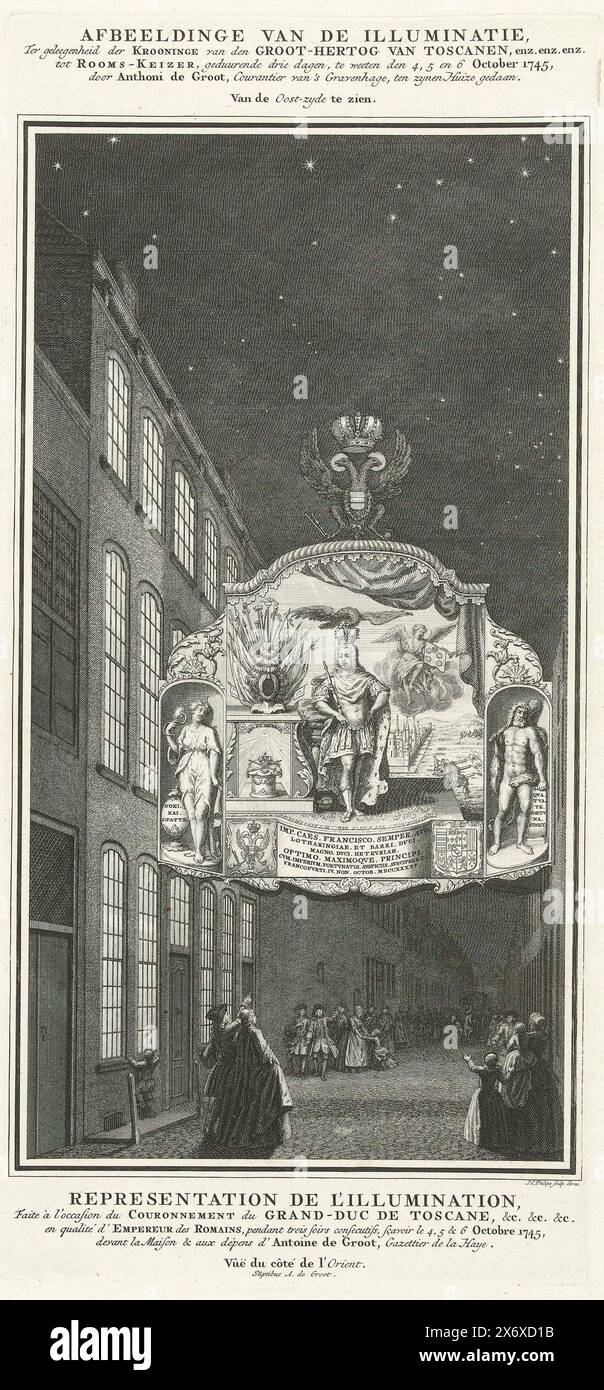 Beleuchtung im Haus von Anthoni de Groot (Ostseite) zu Ehren der Krönung von Kaiser Franz I. Stefan, 1745, Bild der Beleuchtung, anlässlich der Krönung des Großherzogs der Toskana (...) zum römischen Kaiser, an drei Tagen, nämlich 4., 5. Und 6. Oktober, 1745, von Anthoni de Groot, Kurant der Haag, in seiner Wohnung (...), Darstellung der Beleuchtung, faite à l'event du couronnement du Grand-Duc de Toscane (...) (Titel über Objekt), Beschreibung der wichtigsten Ablehnungen, faites à la Haye, a l'event du couronnement de (...) Francois I., Beschreibung von Stockfoto