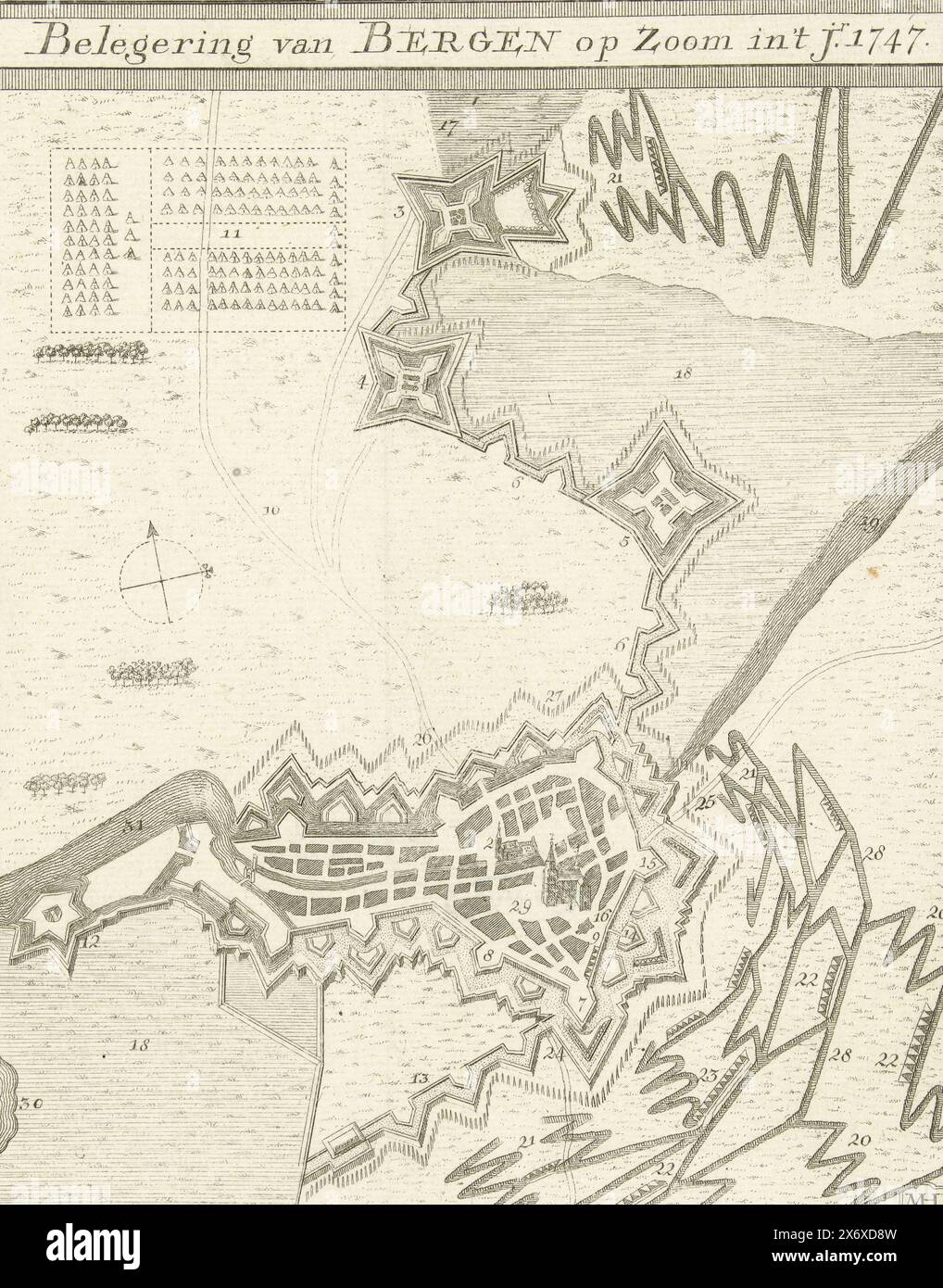 Belagerung of Bergen op Zoom, 1747, Belagerung of Bergen op Zoom in 't Jr. 1747, Belagerung of Bergen op Zoom durch die Franzosen, Juli-September 1747. Karte der Stadt mit den nahegelegenen Festungen und den Positionen der Franzosen. Oben rechts markiert: Nr. 4., Druck, Druckerei: Unbekannt, (auf dem Objekt erwähnt), Nordholland, 1747 - 1749, Papier, Ätzen, Höhe, 189 mm x Breite, 140 mm Stockfoto