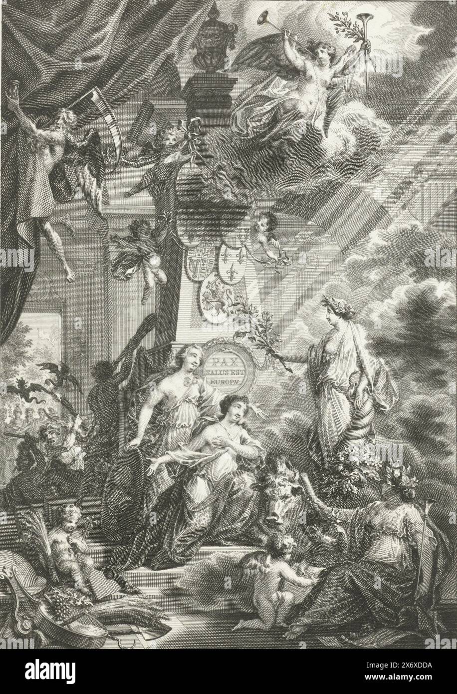 Allegorie zum Frieden von Aachen, 1748, niederländischer Vreugde-tempel, errichtet wegen des Abschlusses des Generalfriedens zu Aachen zwischen 18. 19. Okt. MDCCXLVIII (Titel zum Objekt), Allegorie des Aachener Friedens, der am 18. Oktober 1748 zwischen den Alliierten (Republik, England und Österreich) einerseits und Frankreich, Preußen und Spanien andererseits geschlossen wurde. Europa kniet mit dem Stier für den Frieden mit einem Horn des Überflusses, hinter ihr die niederländische Jungfrau, in den Wolken der Ruhm, in der Mitte ein Obelisk mit Waffen der kriegerischen Parteien. Auf der linken Seite zieht Vater Time den Vorhang zur Seite, um das Spektakel zu enthüllen Stockfoto