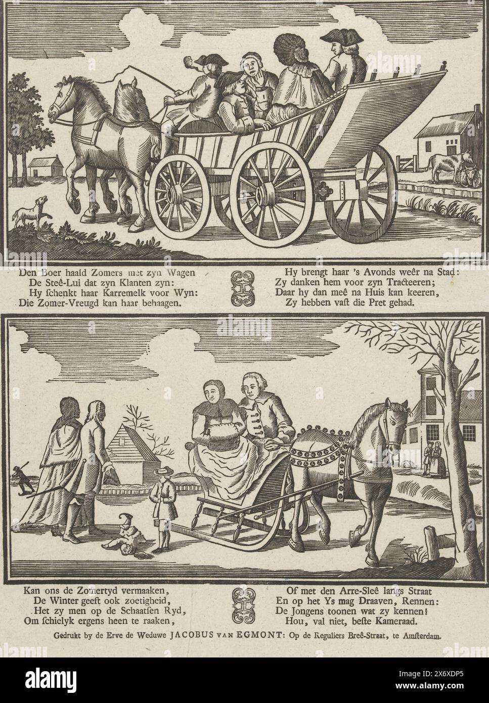 Sommer- und Winterfreude, Blatt mit 2 Szenen. Oben fährt eine Gruppe im Sommer in einem offenen Auto. Unter einem Paar im Winter im Schlitten auf dem Eis. Unter jedem Bild zwei vierzeilige Verse. Nummeriert oben rechts: Nr. 110., Print, Verlag: Erven de Weduwe Jacobus van Egmont, (auf dem Objekt erwähnt), Druckerei: Anonym, Verlag: Amsterdam, Druckerei: Niederlande, 1761 - 1804, Papier, Buchdruck, Höhe, 420 mm x Breite, 325 mm Stockfoto