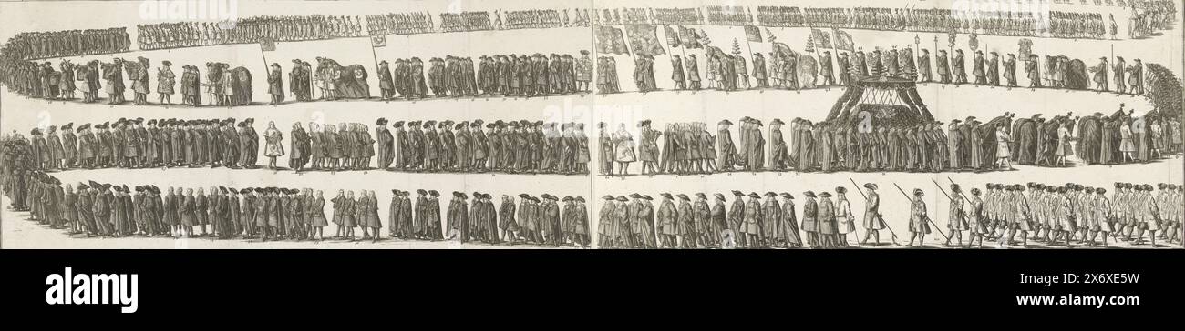 Trauerprozession von Wilhelm IV., 1752, Trauerprozession mit Leichenwagen und Sarg von Stadtholder Wilhelm IV., Beerdigung in Delft am 4. Februar 1752. Große Darstellung auf zwei Seiten, ohne Text. Wahrscheinlich die Platte, die zur gesondert gedruckten Beschreibung gehört., Druck, Druckerei: Iven Besoet, (erwähnt auf Objekt), nach eigenem Entwurf von: Iven Besoet, (erwähnt auf Objekt), Verlag: Daniel Joannes Langeweg, (erwähnt auf Objekt), Druckerei: Nordholland, Verlag: Den Haag, 1752, Papier, Ätzen, Höhe ca. 220 mm x Breite ca. 985 mm Stockfoto