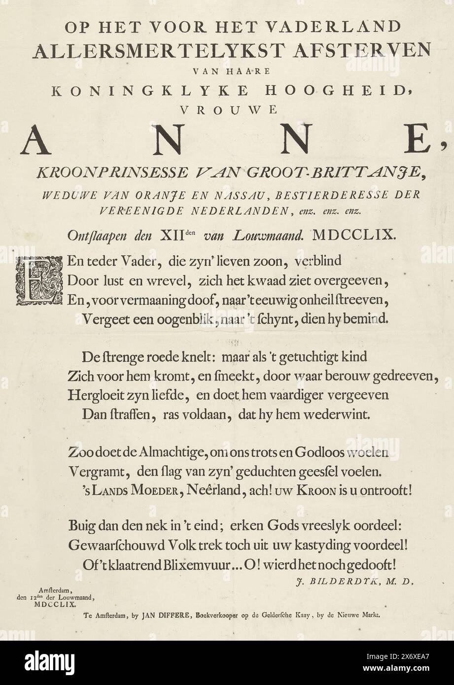 Gedicht über den Tod von Prinzessin Anna, 1759, über den Tod ihrer Königlichen Hoheit, Lady Anne (...) (Titel über Objekt), Textblatt mit Sonett über den Tod von Prinzessin Anna am 12. Januar 1759., Textblatt, Izaak Bilderdijk, (auf Objekt erwähnt), Herausgeber: Jan Differe, (auf dem Gegenstand erwähnt), Amsterdam, 1759, Papier, Buchdruck, Höhe, 560 mm x Breite, 430 mm Stockfoto