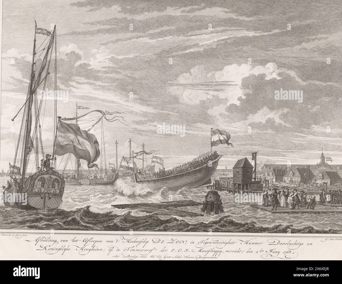 Start des Schiffes de Zon, 1768, Image of the Descent of the Hoekerschip de Zon in Anwesenheit ihrer ruhigen und königlichen Hoheiten; im Timmerwerf der E.O.I.-Gesellschaft am 2. Juni 1768 (Titel auf Objekt), die Darstellung der freudigen Aktivitäten und Zeremonien, die bei der Ankunft und während des Aufenthalts (...) von Willem (...) und seiner Gemahlin (...) in Amsterdam am Montag, den 30. Mai stattfanden, und einige Tage später, im Jahr 1768 (Serientitel), der Start oder Abriss des Eckschiffes de Zon für die VOC auf der Werft der Oostindisch Zeemagazijn in Amsterdam Stockfoto