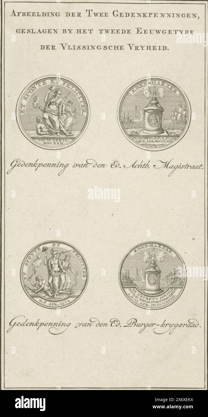 Zwei Medaillen zu Ehren von 200 Jahren Freiheit in Vlissingen, 1772, Bild der beiden Gedenkmedaillen, gezeichnet von der zweiten Eeuwgetyde der Vlissingsche Vryheid (Titel über Objekt), zwei Medaillen anlässlich der Feier von 200 Jahren Freiheit in Vlissingen, 6. April 1772. Obere Medaille im Auftrag des Magistrats von Vlissingen, die untere vom Bürgerkriegsrat. Nummeriert oben rechts: PL. X. Teil einer Gruppe von neun Schildern, nummeriert i-X der Dekorationen auf diesem Festival., Druck, Druckerei: Noach van der Meer (II), (erwähnt auf Objekt), Verlag: Thomas Corbelijn, (erwähnt auf Objekt), Druck Stockfoto