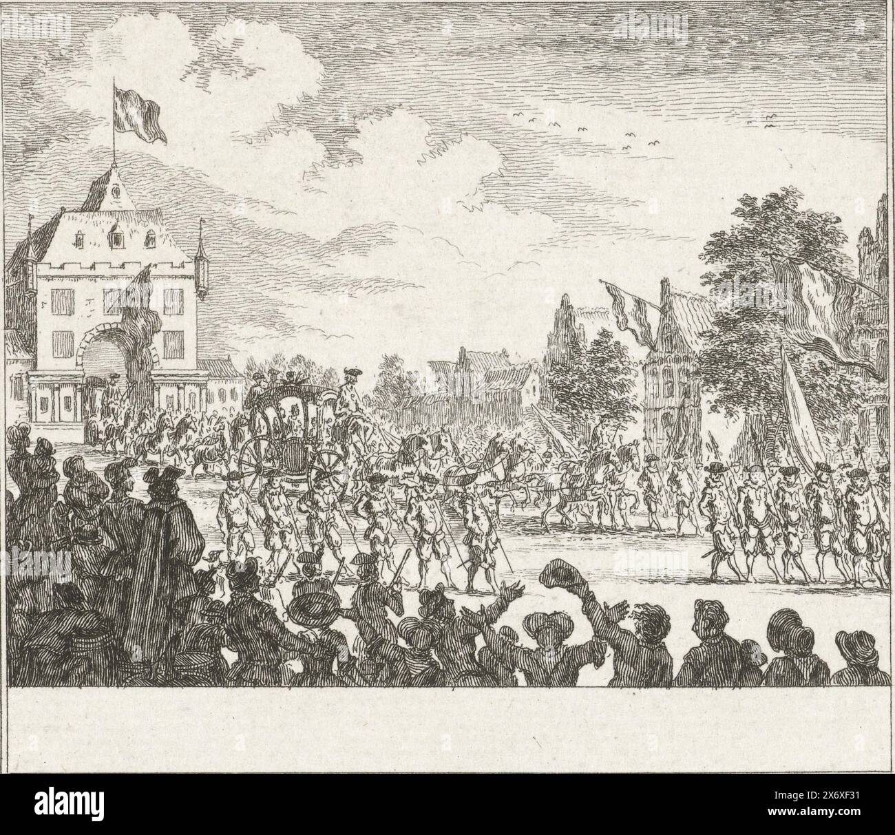 Eintrag des Prinzen und der Prinzessin von Orange in Leeuwarden, 1777, Eintrag von Prinz Willem V., Prinzessin Wilhelmina von Preußen, in Leeuwarden, 30. August 1777. Druckerei: Simon Fokke, (zugeschrieben), Nordholland, 1783 - 1784, Papier, Ätzen, Gravieren, Höhe, 110 mm x Breite, 125 mm Stockfoto