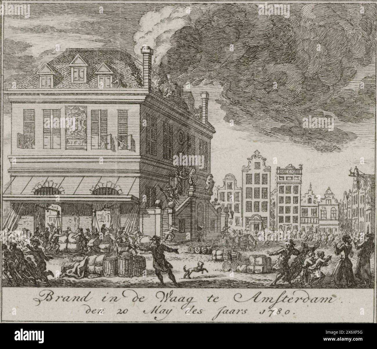 Feuer in der Waag in Amsterdam, 1779, Feuer in der Waag in Amsterdam. De 20 May des Jaars 1780 (Titel zum Objekt), Feuer in der Waag am Dam Square in Amsterdam, 20 May 1779., Druck, Druckerei: Simon Fokke, (erwähnt zum Objekt), nach eigenem Entwurf von: Simon Fokke, (erwähnt zum Objekt), Verlag: Arend Fokke Simonsz., (auf dem Objekt erwähnt), Nordholland, 1783 - 1784, Papier, Ätzen, Höhe, 96 mm x Breite, 108 mm Stockfoto