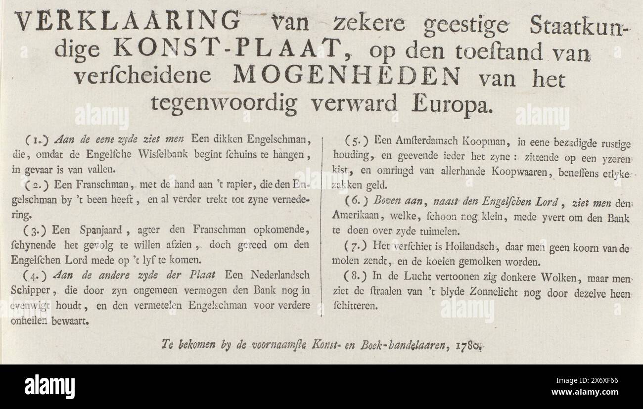 Textblatt für den Zeichentrick über die wackelige britische Wirtschaftslage, ca. 1780, Erklärung eines gewissen geistreichen Staatkundigen Konst-Plaat, über die Situation verschiedener Mächte im heutigen verwirrten Europa (Titel zum Gegenstand), Textblatt mit einer Erläuterung der Zahlen 1–8 im Zeichentrick über den wackeligen Zustand der britischen Wirtschaft im Jahr 1780. Textblatt, Druckerei: Anonym, Nordholland, 1780, Papier, Buchdruck, Höhe, 140 mm x Breite, 228 mm Stockfoto