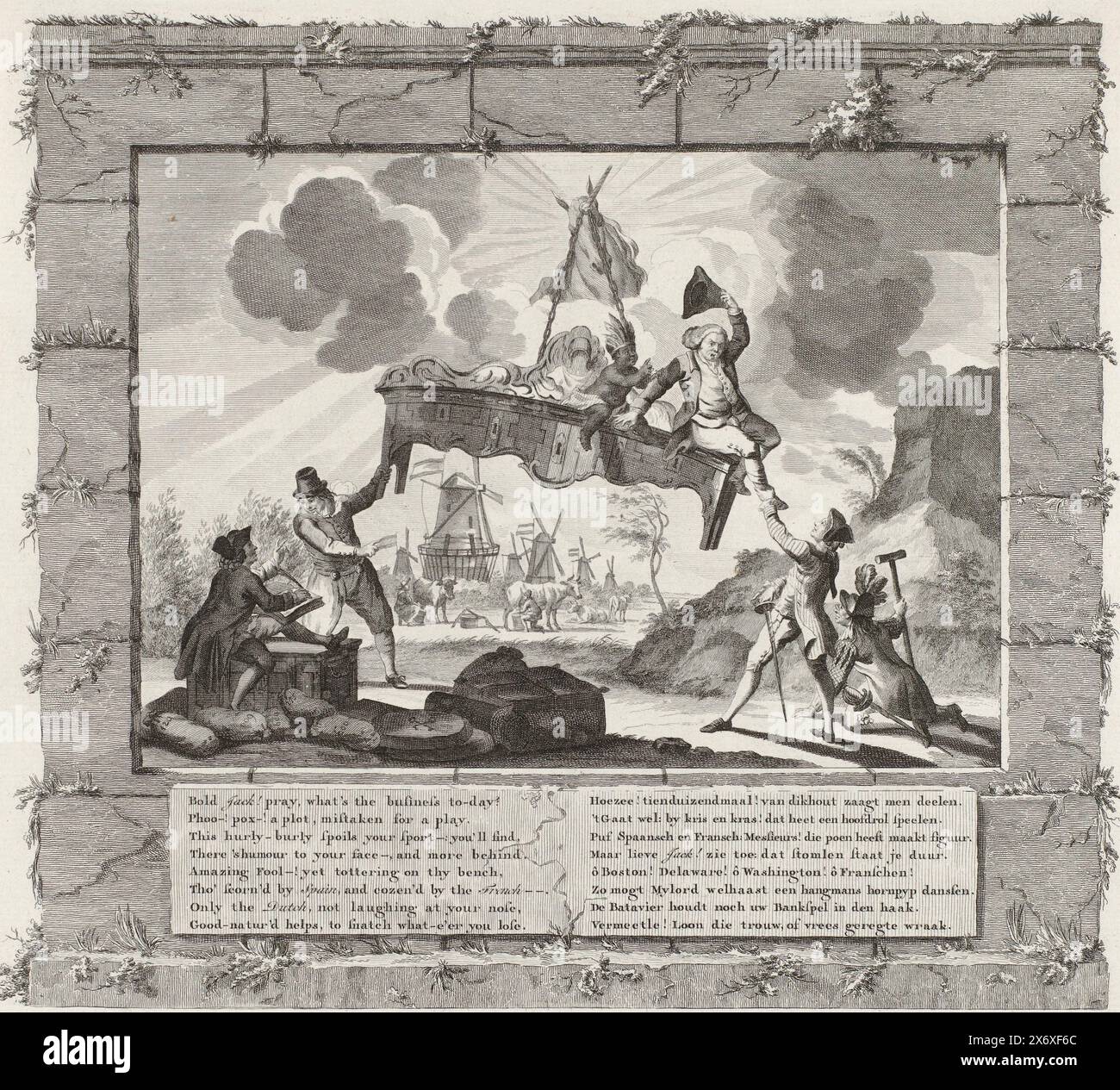 Cartoon on the waky British Economic Position, ca. 1780, Cartoon on the waky State of the British Economy 1780. Die britische Börsenbank hängt am Horn eines Einhorns in den Wolken und wird sonst nur von der (englisch gesinnten) niederländischen Handelsmarine genutzt, die in der Luft gehalten wird, rechts zieht ein Franzose den Engländer von der Bank, dazu wurde der Spanier gedrängt und von einem amerikanischen Ureinwohner unterstützt. In der Ferne war der niederländische Wohlstand in Windmühlen und Milchvieh. Die Darstellung in einem Steinrahmen. Unterhalb der Aufführung zwei Strophen in Englisch und Niederländisch. Der Aufdruck wird mit einem separat bedruckten geliefert Stockfoto
