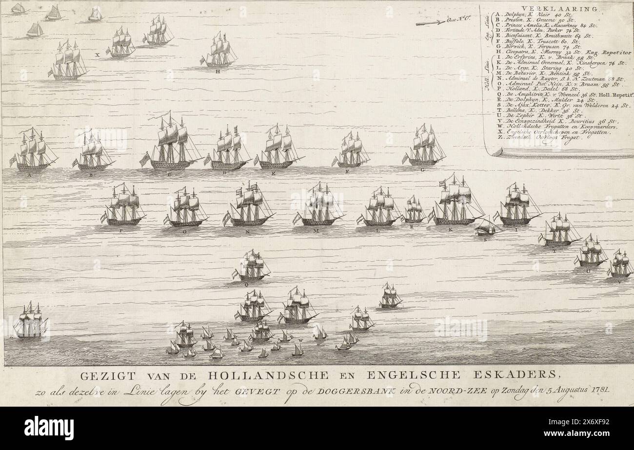 Battle of the Dogger Bank, 1781, Ansicht der niederländischen und englischen Geschwader, wie sie am Sonntag, 5. August 1781, in der Schlange bei Gevegt an der Dogger Bank in der Nordsee lagen (Titel auf Objekt), Schlachtorden der niederländischen und englischen Schiffe während der Seeschlacht bei Dogger Bank am 5. August 1781 zwischen der niederländischen Flotte unter Konteradmiral Johan Zoutman und der englischen Flotte unter Vizeadmiral Hyde Parker. Oben rechts eine Kartusche mit der Legende A-z., Print, Print Maker: Anonym, Nord-Niederlande, 1781, Papier, Ätzen, Höhe, 249 mm x Breite, 385 mm Stockfoto