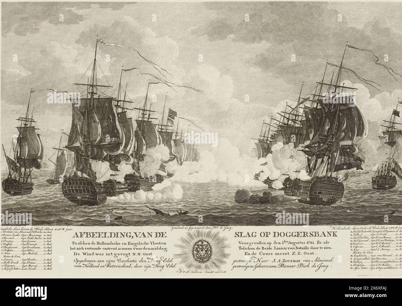 Schlacht von Dogger Bank, 1781, Bild der Schlacht von Dogger Bank zwischen der niederländischen und englischen Flotte, die am 5. August 1781 stattfand (...) (Titel auf Objekt), die niederländischen und englischen Schiffe feuern sich zu Beginn der Seeschlacht bei der Dogger Bank am 5. August 1781 zwischen der niederländischen Flotte unter Konteradmiral Johan Zoutman und der englischen Flotte unter Vizeadmiral Hyde Parker. Am unteren Rand der Titel, die Zuordnung und die Legende der Schiffe mit Namen der Kapitäne und Stückzahlen und in der Mitte das glänzende Wappen von Zoutman., Druck, Druckerei Stockfoto