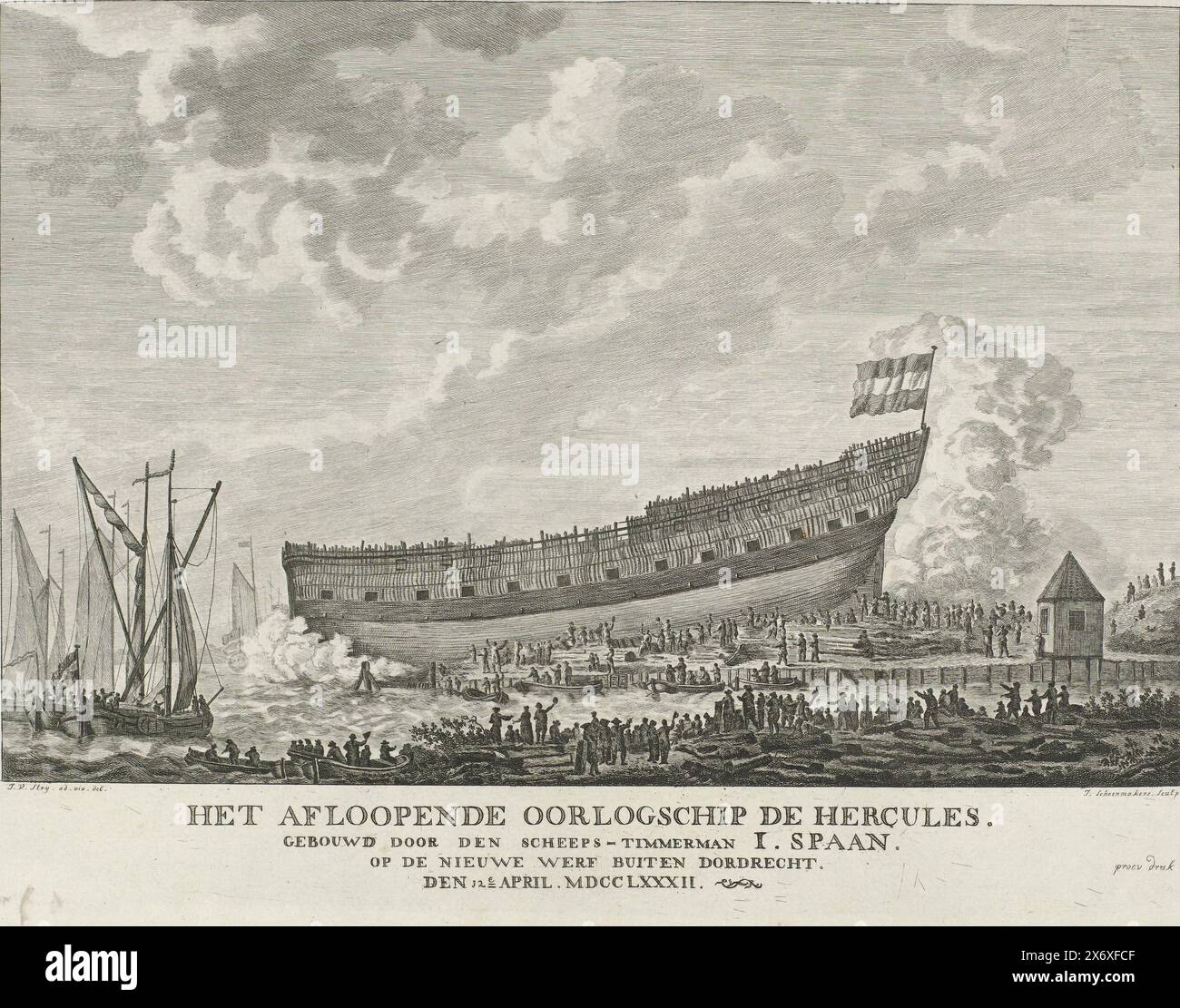 Kriegsschiff Herkules ist unterwegs, 1782, das auslaufende Kriegsschiff Herkules. Gebaut von dem Schiffsschreiner I. Spaan. Bei der neuen Werft außerhalb von Dordrecht. Der 12. April. MDCCLXXXII. (Titel zum Objekt), die Stilllegung des unfertigen Schiffes der Linie Hercules in der Werft vor Dordrecht, 12. April 1782. Der Bau des Schiffes erfolgte im Zeitraum 1781-1782 nach den Schiffbauzeichnungen von Pieter van Zwijndregt auf der neuen Werft des Schiffes I .Span. Unten rechts markiert: Proof. Der Druck wird mit einem Anhänger geliefert., Druck, Druckerei: Johannes Schönmacher, (erwähnt auf dem Objekt Stockfoto