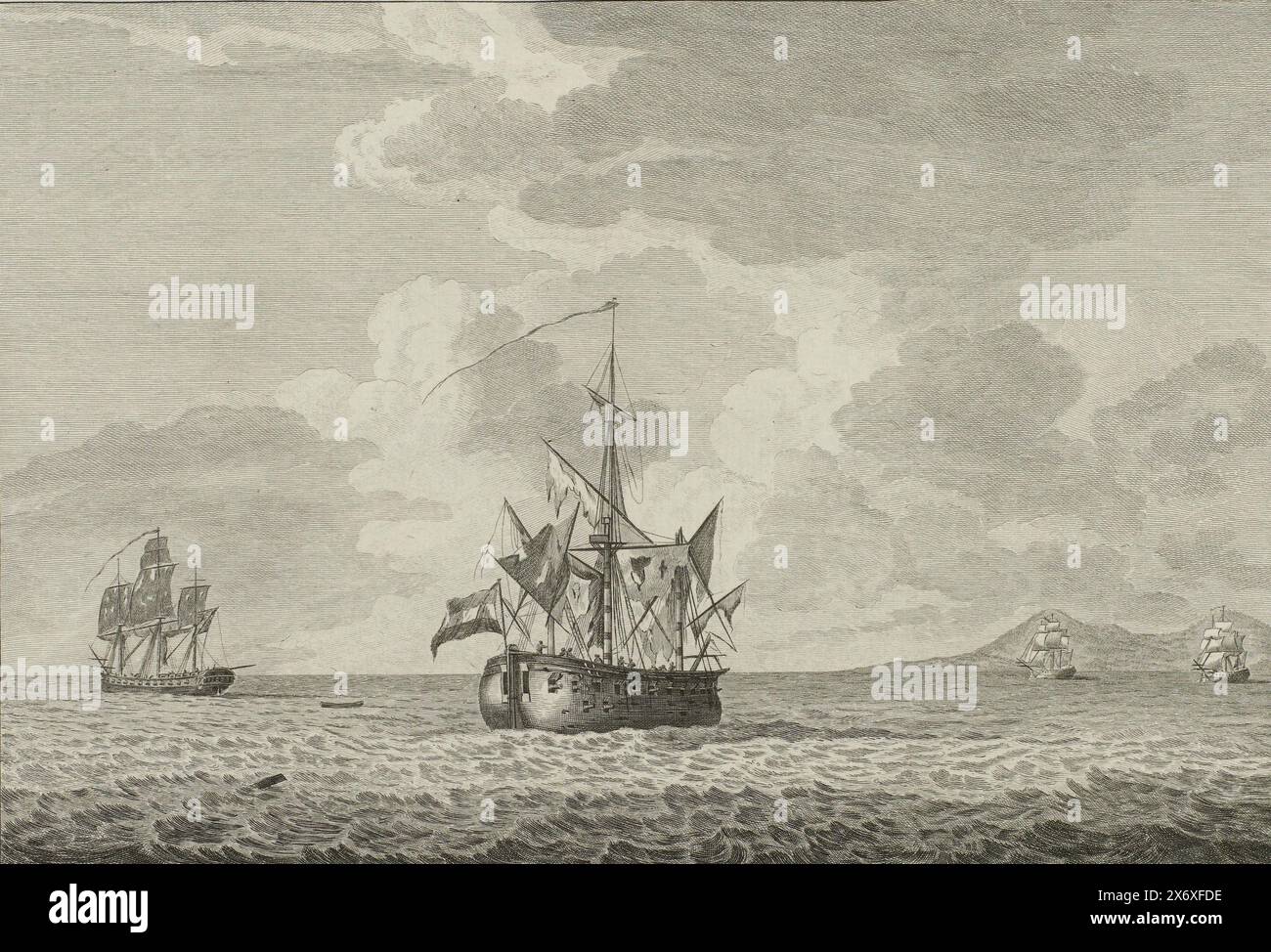 Hoekerschip Vrouw Machtelyna nach der Schlacht mit der englischen Fregatte Diamant vor Curacao, 1782, drei Platten der Hoekerschip Vrouw Machtelyna (Serientitel), dem niederländischen bewaffneten Hoekerschiff Vrouw Machtelyna nach der Schlacht mit der englischen Fregatte Diamant, vor Curacao am 16. Juni, 1782 floh das englische Kriegsschiff nach der Ankunft zweier niederländischer Kriegsschiffe. Teil einer Serie von drei Platten der Schlacht des Hoeker-Schiffes Vrouw Machtelyna mit der englischen Fregatte Diamant vor dem Hafen von Curacao am 16. Juni 1782., Druck, Druckerei: Carel Frederik Bendorp (I), (auf dem Objekt erwähnt), nach Zeichnung Stockfoto