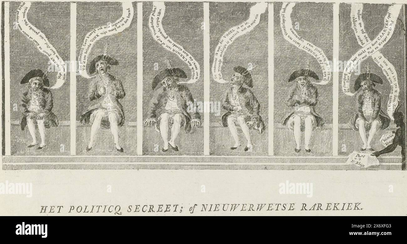 Rotterdam Patriots in the Toilette, 1787, Het Politicq Secret; oder Nieuwerwetse Rarekiek (Titel auf Objekt), Cartoon über die sechs Rotterdamer Patrioten, die nach der Genesung des Prinzen am 24. September 1787 aus dem Kriegsgericht entlassen wurden. Die Männer sitzen nebeneinander in einer öffentlichen Toilette und kämpfen um ihre Entlastung. Jeder Mensch hat eine Sprechblase mit seinem Namen und ein Seufzen über seine Verstopfung. Dies betrifft Bogaert, Vonk, Cremor, Vogel, Swyndrecht und Caarten. Der Teufel auf der rechten Seite gibt ihnen patriotische Flugblätter, die sie als Toilettenpapier benutzen können Stockfoto