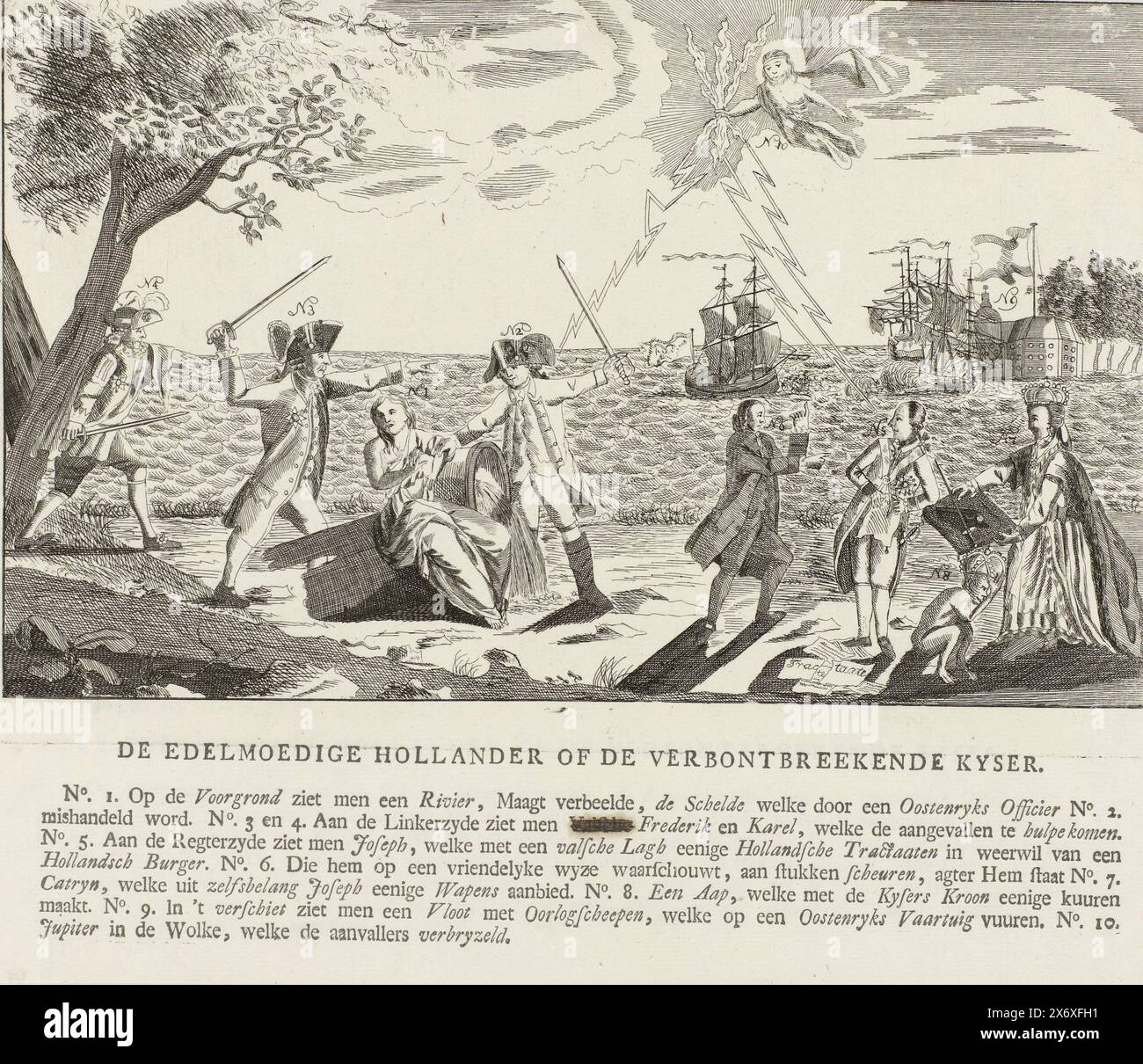 Cartoon über den Streit zwischen den Generalstaaten und dem Kaiser um die Schelde, 1784, der edle Holländer oder der Verbonbreakende Kyser (Titel am Objekt), Cartoon über den Streit zwischen den Generalstaaten und dem deutschen Kaiser Joseph II. Über das Recht auf freien Durchgang auf der Schelde. Die Scheldemaagd wird von einem österreichischen Offizier angegriffen; rechts warnt der niederländische Bürger den Kaiser, der Verträge zerrissen hat, darunter die russische Kaiserin Katharina und einen Affen mit kaiserlicher Krone. Im Hintergrund der Vorfall mit der kaiserlichen Brigade Louis und dem niederländischen Schoner Dolphijn am 8. Oktober Stockfoto