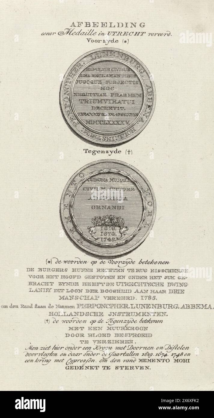 Medaille über die Anerkennung der drei Kommissare des Zivilkorps in Utrecht durch den Bürgermeister und rat, 1785, Bild einer Medaille in Utrecht (Titel auf Objekt), Medaille über die Anerkennung der drei Kommissare (Perponcpher, Lunenburg und Abbema) des Zivilkorps in Utrecht durch Bürgermeister und rat, 2. August 1785. Vorder- und Rückseite der Medaille mit Erklärung der Inschriften., Druck, Druckerei: Anonym, Nordholland, 1785, Papier, Ätzen, Gravieren, Höhe, 231 mm x Breite, 141 mm Stockfoto