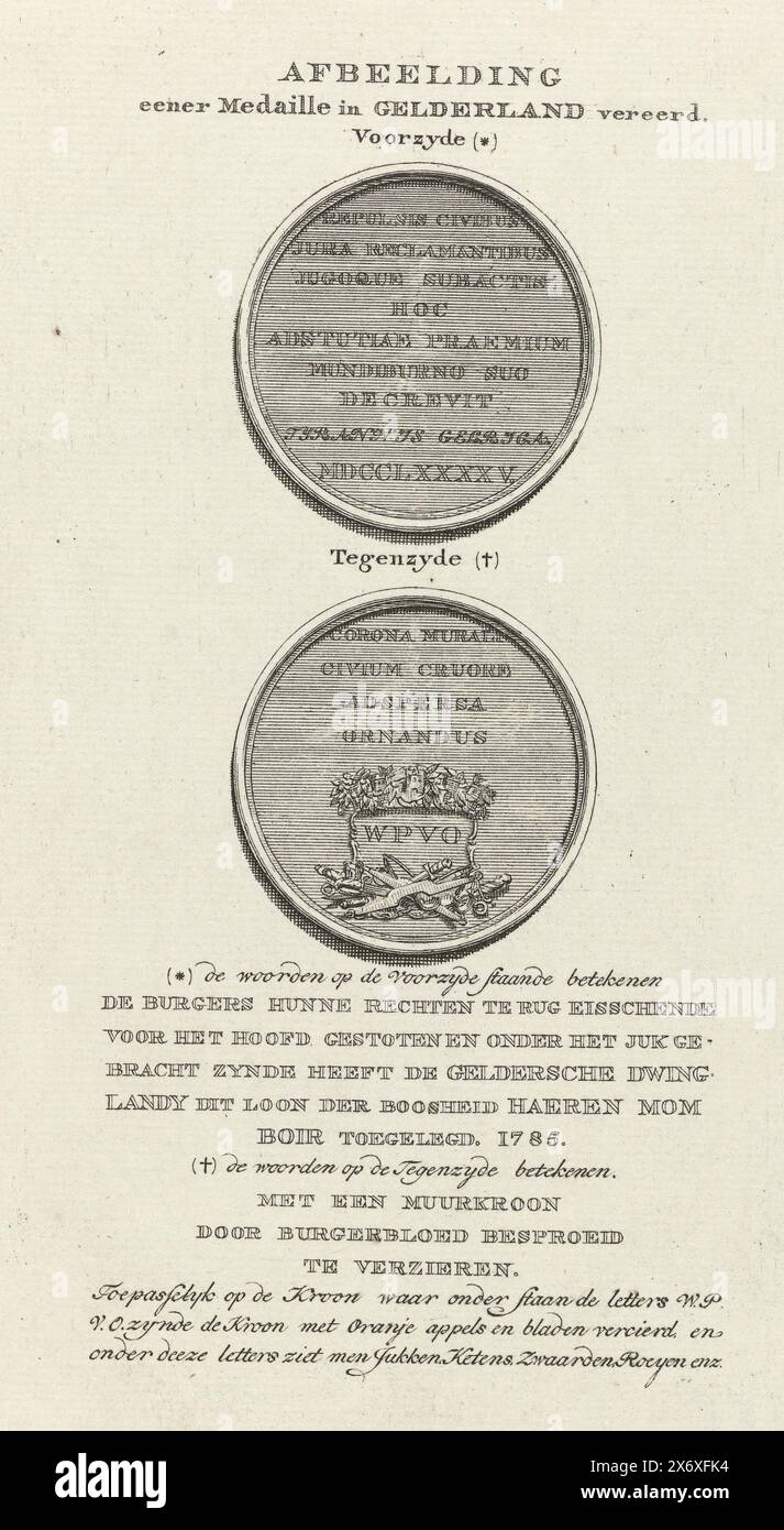 Medaille zur Anerkennung der Vertreter des Bürgerkorps in Gelderland, 1785, Bild eines Gelderlandes geehrt (Titel auf Objekt), Medaille zur Anerkennung der Vertreter des Bürgerkorps in Gelderland, 1785. Vorder- und Rückseite der Medaille mit Angabe der Inschriften., Druck, Druckerei: Anonym, Nordholland, 1785, Papier, Ätzen, Gravieren, Höhe, 221 mm x Breite, 142 mm Stockfoto