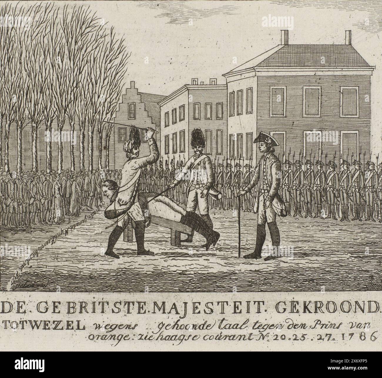 Auspeitschung eines Soldaten, 1786, gekrönte die britische Majestät Weasel, weil sie die Sprache gegen den Prinzen von Orange beleidigte (Titel auf Objekt), öffentliche Bestrafung eines Soldaten für die Beleidigung des Prinzen von Orange. Auspeitschen auf einem Holzbock, vor einer Gruppe von Soldaten und der Öffentlichkeit, 1786. In der Bildunterschrift, Verweis auf Haagse Courant, Nummern 20, 25 und 27, Druck, Druckerei: Anonym, Nord-Niederlande, 1786, Papier, Ätzen, Gravieren, Höhe, 178 mm x Breite, 198 mm Stockfoto