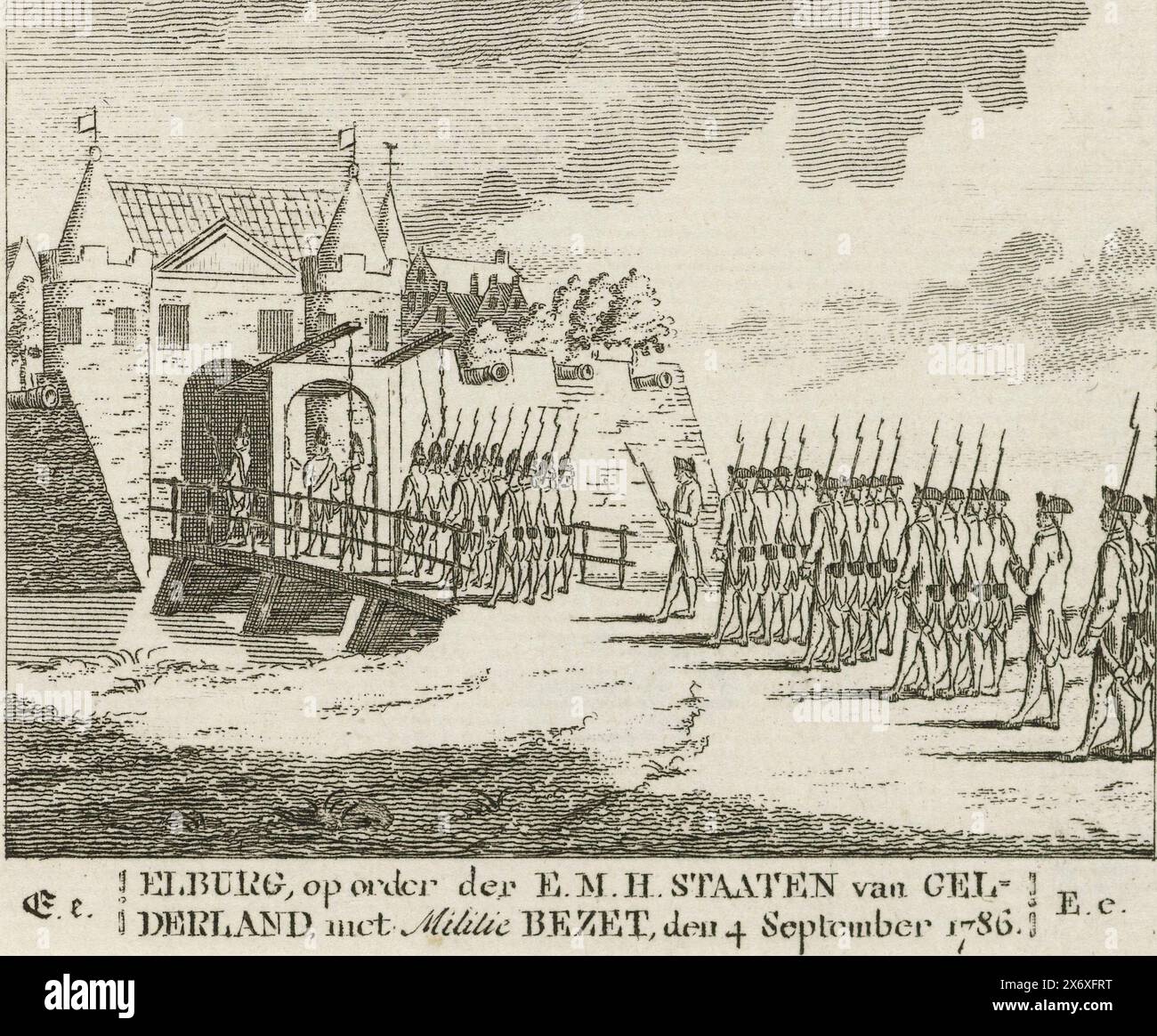 Eroberung Elburgs, 1786, Elburg, auf Befehl der E.M.H. Staaten Gelderland, mit Miliz Bezt, 4. September 1786 (Titel auf Objekt), Besetzung der Stadt Elburg durch die Statthaltertruppen am 6. September 1786. Bild zum Buchstaben E aus einem ABC-Buch., Druck, Druckerei: Anonym, Nordholland, 1786 - 1790, Papier, Ätzen, Höhe, 81 mm x Breite, 104 mm Stockfoto