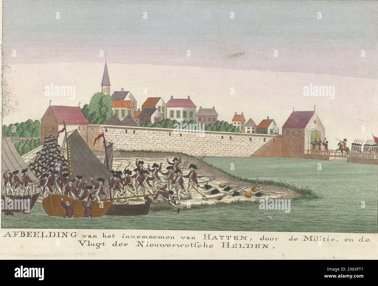 Gefangennahme von Hattem, 1786, Bild der Gefangennahme von Hattem durch die Miliz, und der Flug der Nieuwerwetschen Helden (Titel auf Objekt), die Eroberung der Stadt Hattem durch die Truppen des Statthalters unter Generalmajor J.C. Spengler am 6. September 1786, links die Patrioten fliehen aus der Stadt zu Booten in der IJssel., Druck, Druckerei: Anonym, Nordholland, 1786, Papier, Ätzen, Höhe, 211 mm x Breite, 315 mm Stockfoto