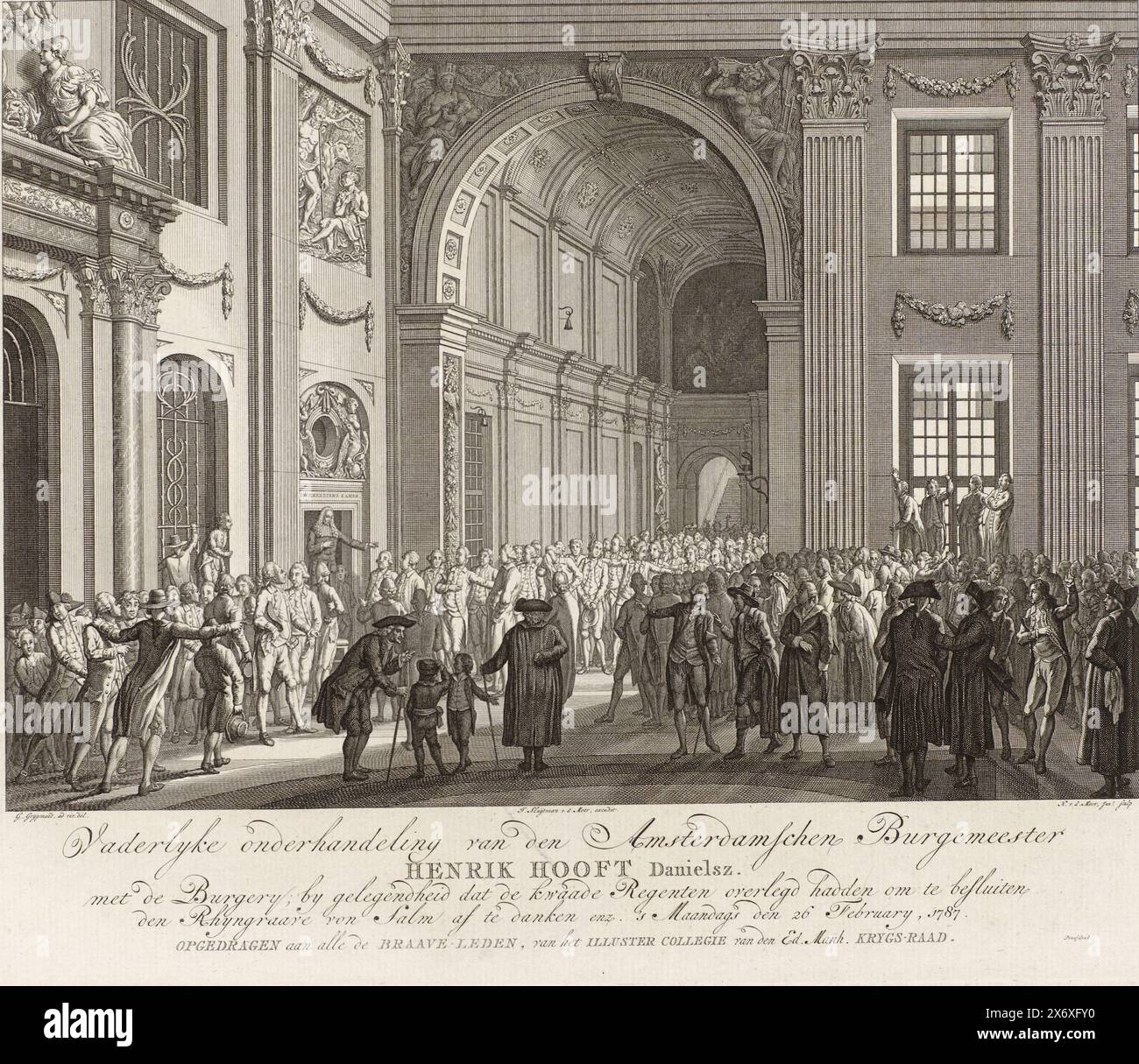 Bürgermeister Hendrik Hooft Danielsz verhandelt mit der Bürgerschaft, 1787, väterliche Verhandlungen des Amsterdamer Bürgermeisters Henrik Hooft Danielsz. Mit der Burgerei; anlässlich der Regentschaft des Bösen (...) 1787 (Titel auf Objekt), der Amsterdamer Bürgermeister Hendrik Danielsz. Hooft verhandelt mit der Bürgerschaft über die Entlassung des Rheingrafen von Salm am 26. Februar 1787. Hooft spricht zu den versammelten Bürgern, die vor dem Eingang des Bürgermeisterzimmers im Rathaus stehen., Druck, Druckerei: Noach van der Meer (II), (erwähnt auf Objekt), nach Zeichnung von: Geerlig Grijpmoed, (erwähnt auf Objekt Stockfoto