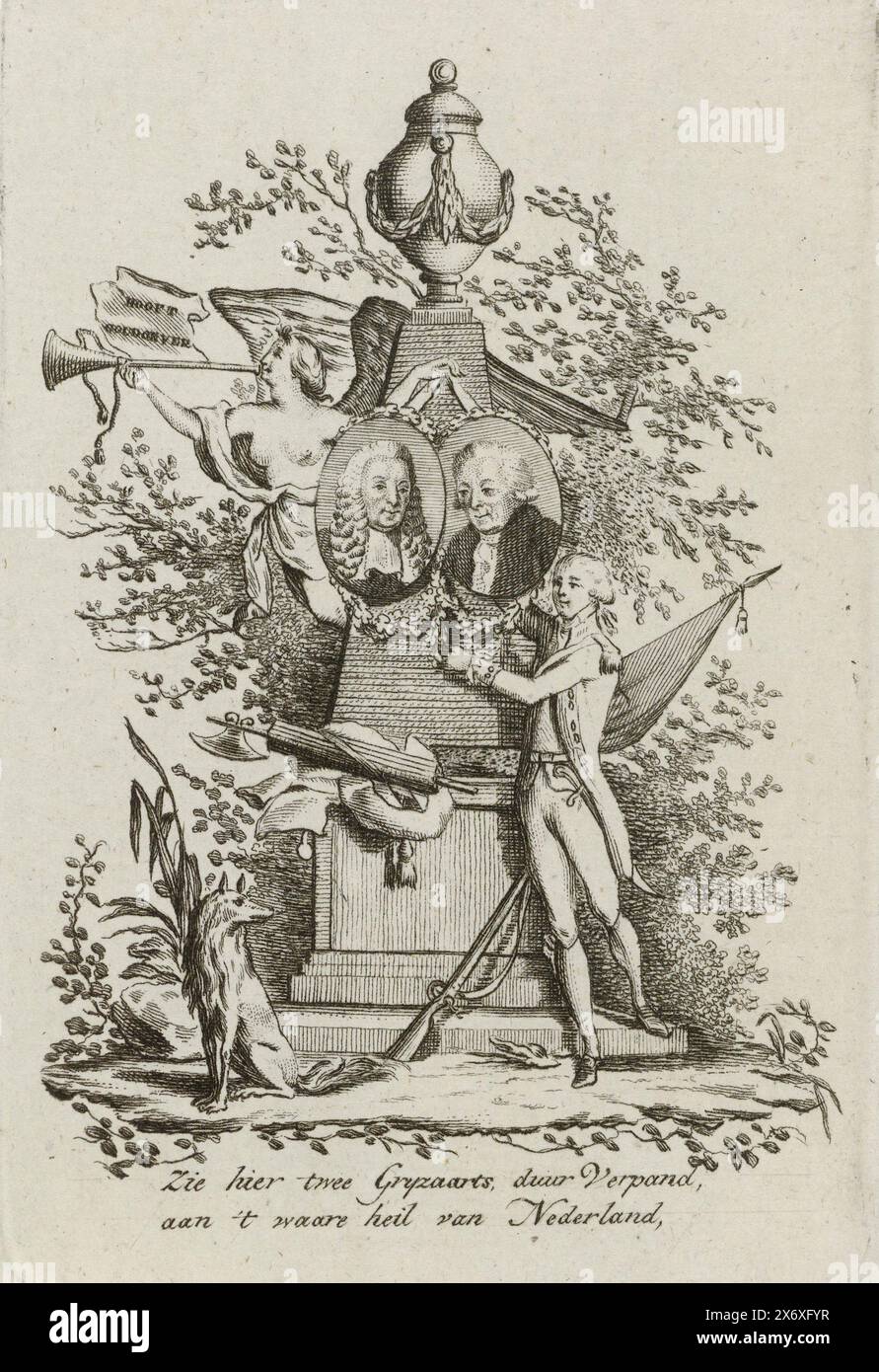 Porträts von Hooft und Goudoever auf einem Denkmal, 1792, Ein dankbarer Patriot, Mitglied eines freien Korps, hängt die Porträts von Hendrik Danielsz. Hooft und Isaac van Goudoever bei einer Ehrenkolonne, 1792. Hinter dem Denkmal bläst Faam die Trompete, ein Keeshond sitzt auf dem Boden. Mit zweizeiliger Strophe, Print, Print Maker: Anonym, Nordholland, 1792, Papier, Ätzen, Höhe, 127 mm x Breite, 82 mm Stockfoto