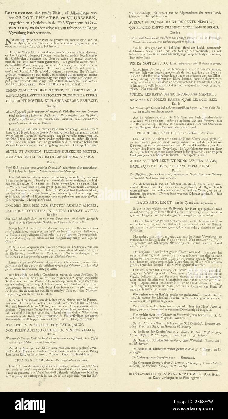 Textblatt mit einer Beschreibung der Aufführungen am Theater in den Haag für das Feuerwerk für den Frieden von Aachen, 1749, Beschryving der twede Plaat oder Bild des Großen Theaters und Feuerwerks, errichtet und gestartet im Hof-Vyver von den Haag, wie es von hinten auf dem langen Vyverberg gezeigt wurde (Titel auf Objekt), Textblatt mit Beschreibung des großen Theaters mit allen gemalten Aufführungen, errichtet im Hofvijver in den Haag, das am 11. Juni und am 13. Juni 1749 angezündet wurde, wurde für das Feuerwerk zu Ehren des 1748 geschlossenen Aachener Friedens genutzt. Gehört zu Stockfoto