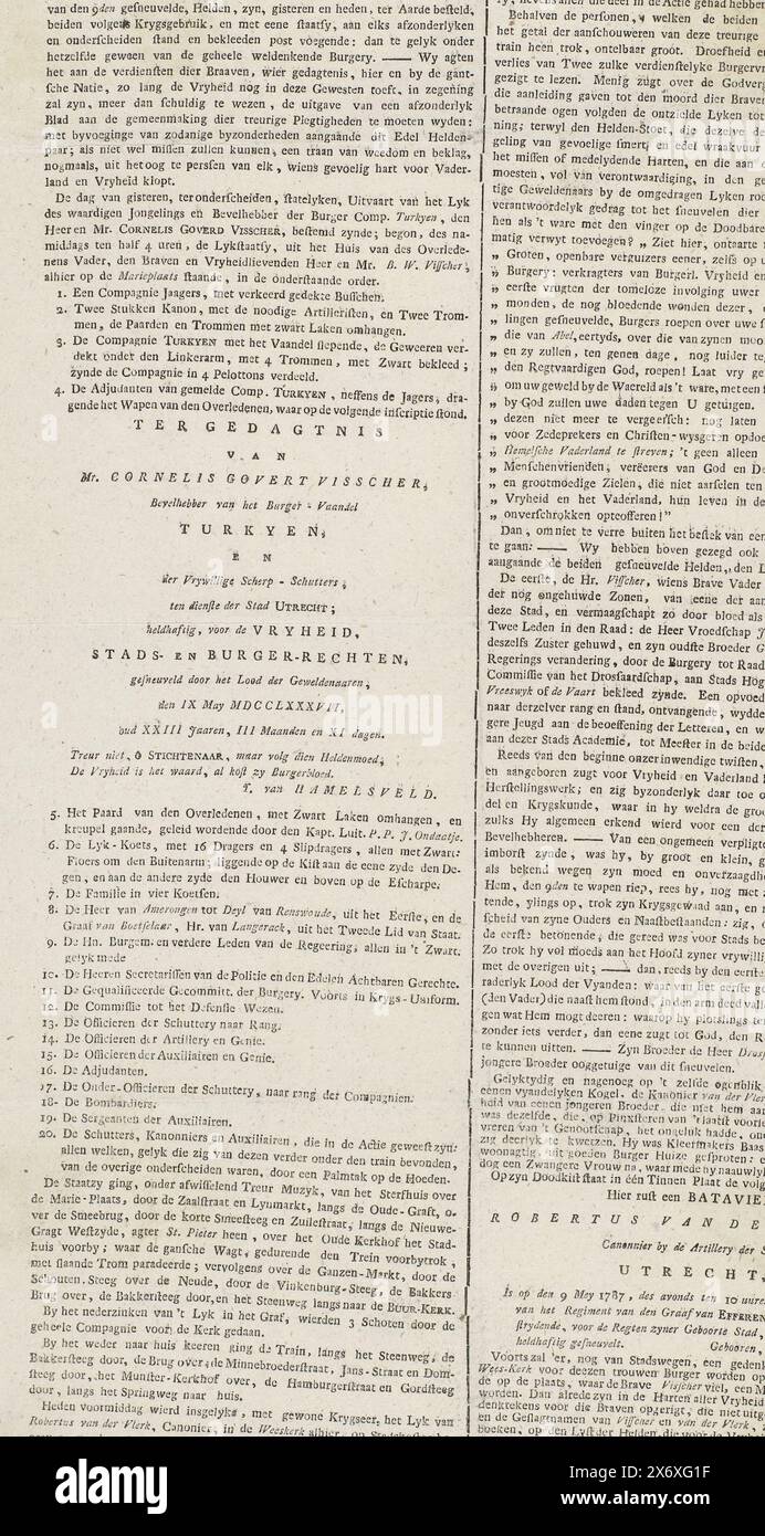 Utrechtse Courant vom 17. Mai 1787, Utrechtse Courant. Donnerstag, 17. Mai. Ao. 1787.Nr. 7 (Titel auf Objekt), Folge Nr. 7 des Sonderordinaire Utrechtse Courant vom 17. Mai 1787 mit einem Bericht über die Beerdigung von Cornelis Govert Visscher (getötet in der Schlacht von Vreeswijk am 9. Mai 1787) in Utrecht. Seite mit schwarzen Trauerrändern bedruckt, Text in zwei Spalten, oben das Stadtwappen von Utrecht., Verlag: Anonym, Utrecht, 17. Mai 1787, Papier, Buchdruck, Höhe, 429 mm x Breite, 255 mm Stockfoto