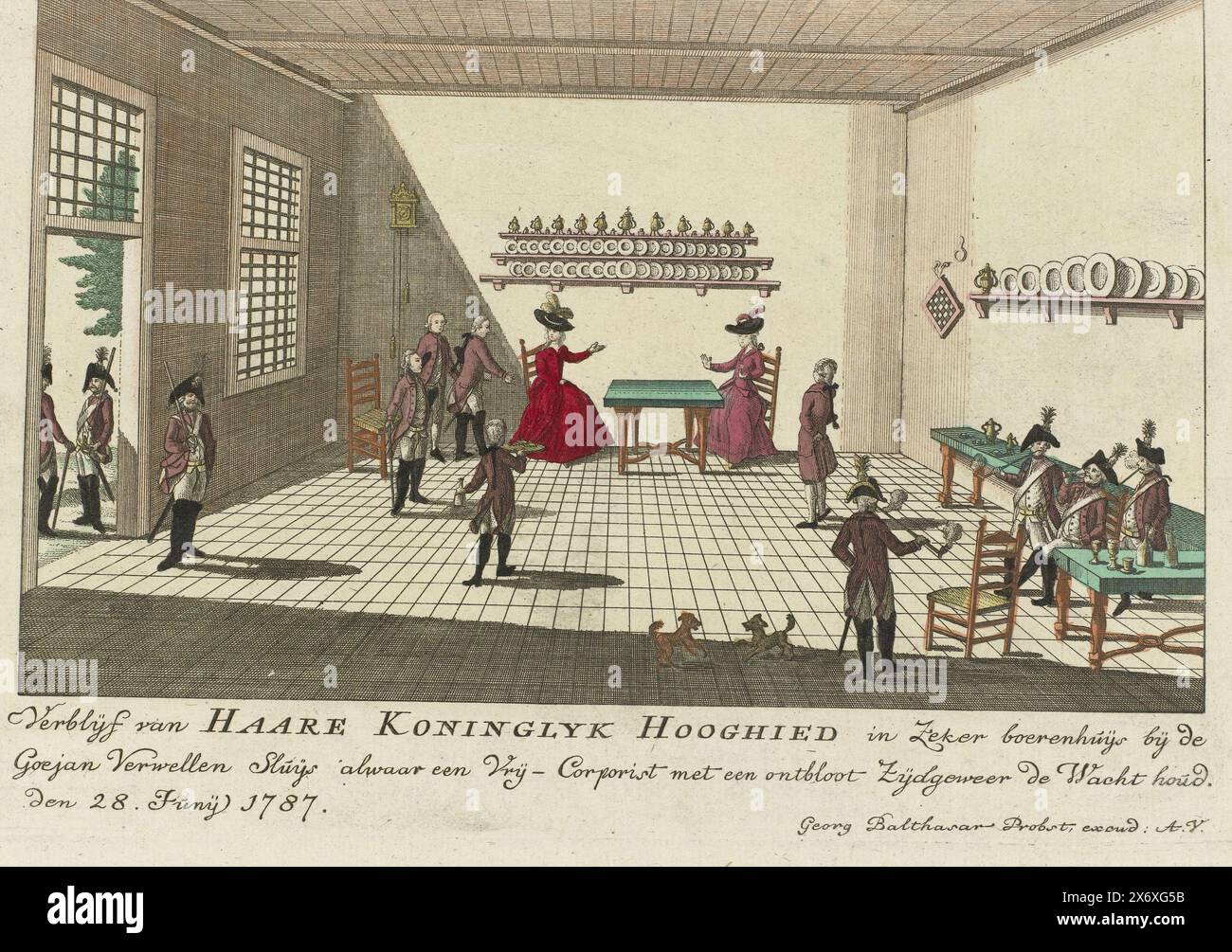 Prinzessin von Orange in der Wachstube von Goejanverwellesluis, 1787, Residenz ihrer Königlichen Hoheit in einem bestimmten Bauernhaus nahe der Goejan Verwellen Sluijs, wo ein freier Korpist mit einem freigelegten Seitengewehr bewacht wird. Den 28 Junij 1787 (Titel über Objekt), farbige deutsche Drucke über die Ereignisse von 1787 (Serientitel), Prinzessin Wilhelmina von Preußen wird im Haus in Goejanverwellesluis gehalten und von rauchenden und trinkenden Soldaten bewacht, 28. Juni 1787. Vor der Tür ein Soldat eines freien Korps mit entblößtem Säbel stehende Wache., Druck, Druckerei: Anonym, nach Druck: Mathias de Sallieth Stockfoto