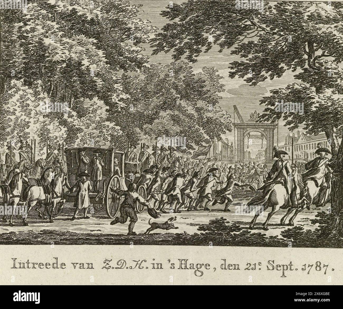 Wir treffen den Prinzen von Orange, 1787, Einzug von H.D.H. in den Haag, 21. Sept 1787 (Titel zum Objekt), Übernahme des Prinzen von Orange durch die Bürger in den Haag, 20. September 1787. Der offene Wagen mit Stadtholder William V. wird von Männern und Frauen in Richtung einer Zugbrücke über die Straße gezogen., Druck, Druckerei: Anonym, Verlag: Arend Fokke Simonsz., (auf dem Objekt erwähnt), Druckerei: Nordholland, Verlag: Amsterdam, 1787, Papier, Ätzen, Höhe, 96 mm x Breite, 115 mm Stockfoto