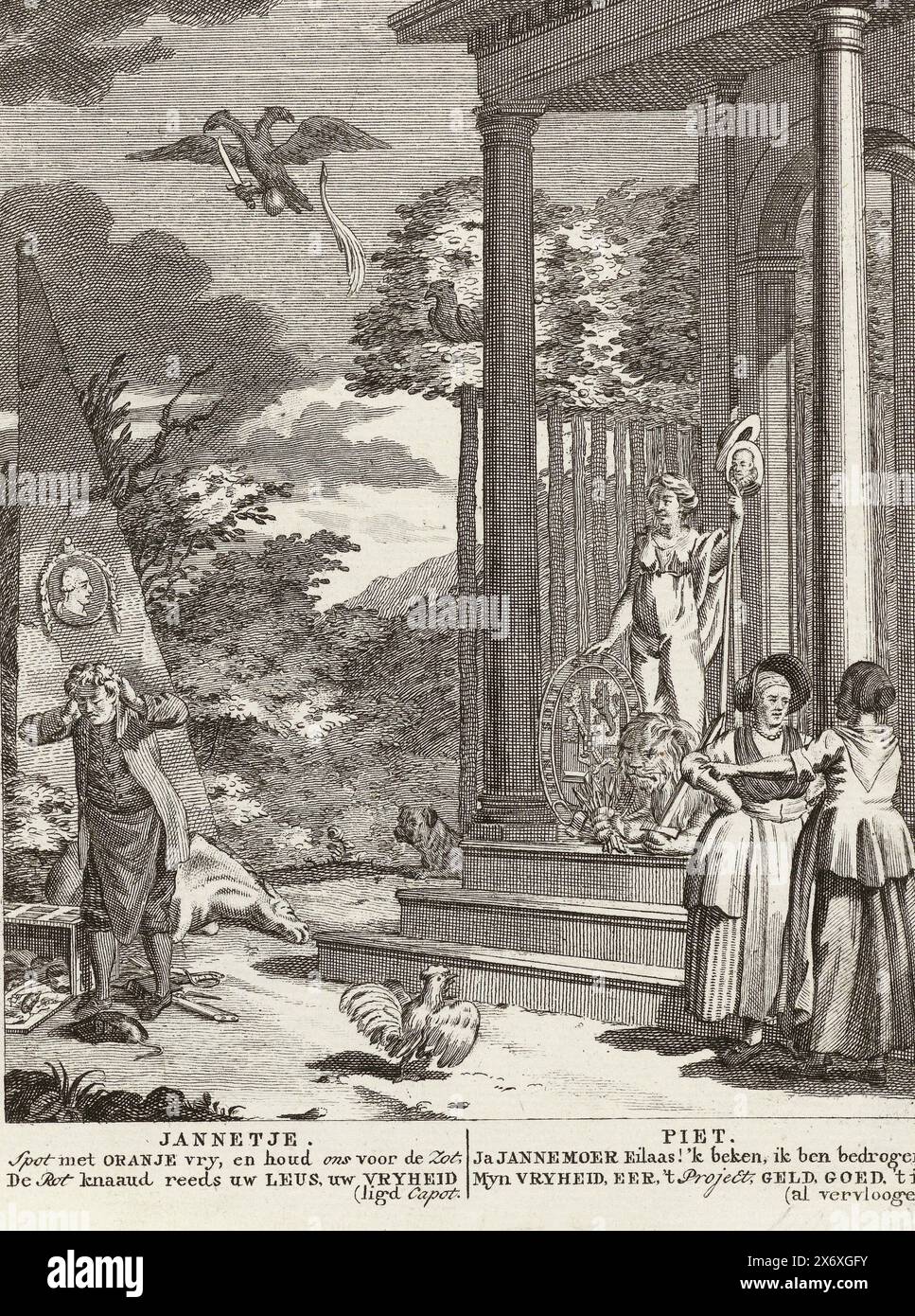 Allegory on the Restauration of Orange, 1787, allegorische Darstellung der Restaurierung von Stadtholder Wilhelm V. im Jahr 1787. Die niederländische Jungfrau und der Löwe bewachen den Eingang zu einem Tempel. Links verzweifelt ein Patriot, Uniform und Waffen des Freien Korps liegen auf dem Boden. Rechts zwei Frauen, Jannetje und Piet, sprechen miteinander; ihr Gespräch ist in den vier Zeilen der Überschrift., Print, Print Maker: Anonymous, Northern Netherlands, 1787, Papier, Ätzen, Gravieren, Höhe, 194 mm x Breite, 150 mm Stockfoto